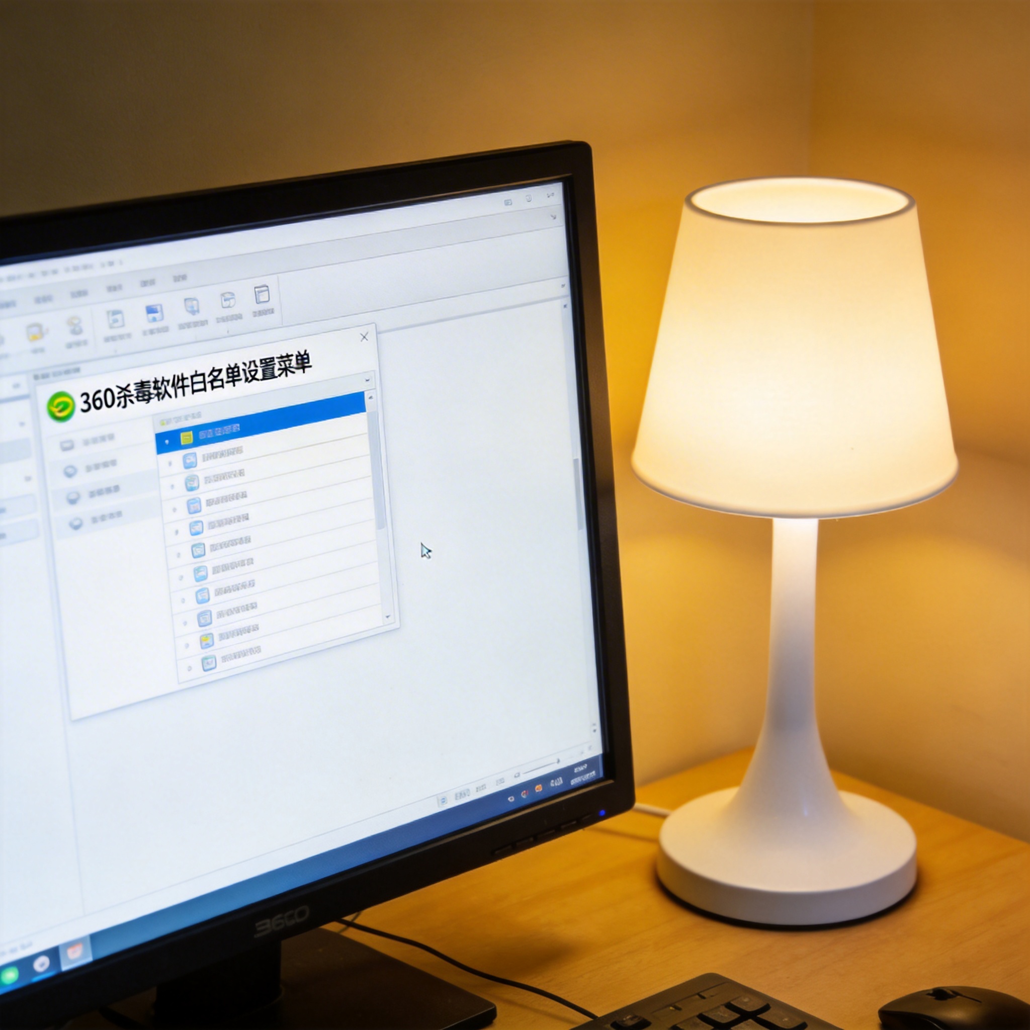 电脑桌上的电脑，屏幕显示360 杀毒软件白名单设置菜单，旁边放着台灯