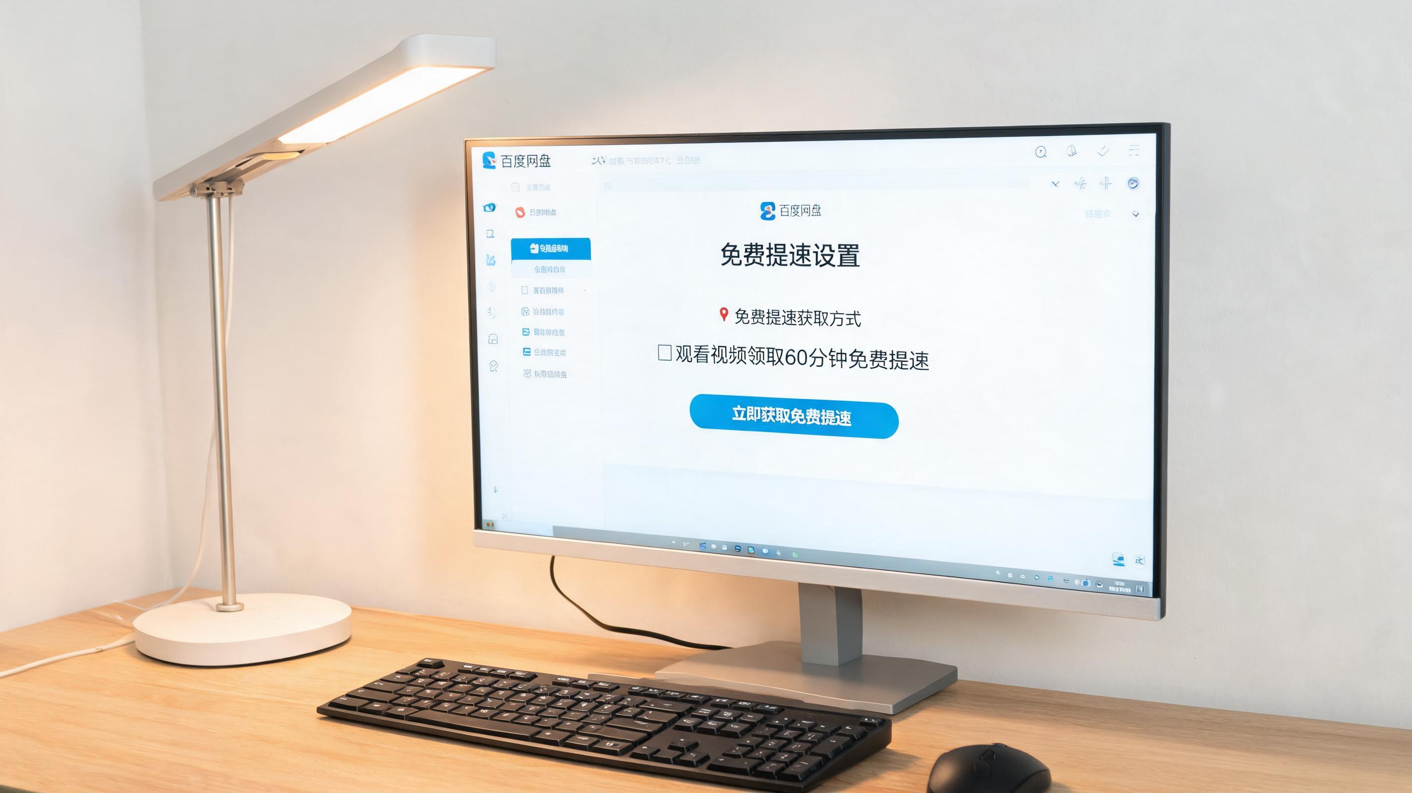 电脑桌上的电脑，屏幕显示百度网盘免费提速设置界面，旁边放着台灯