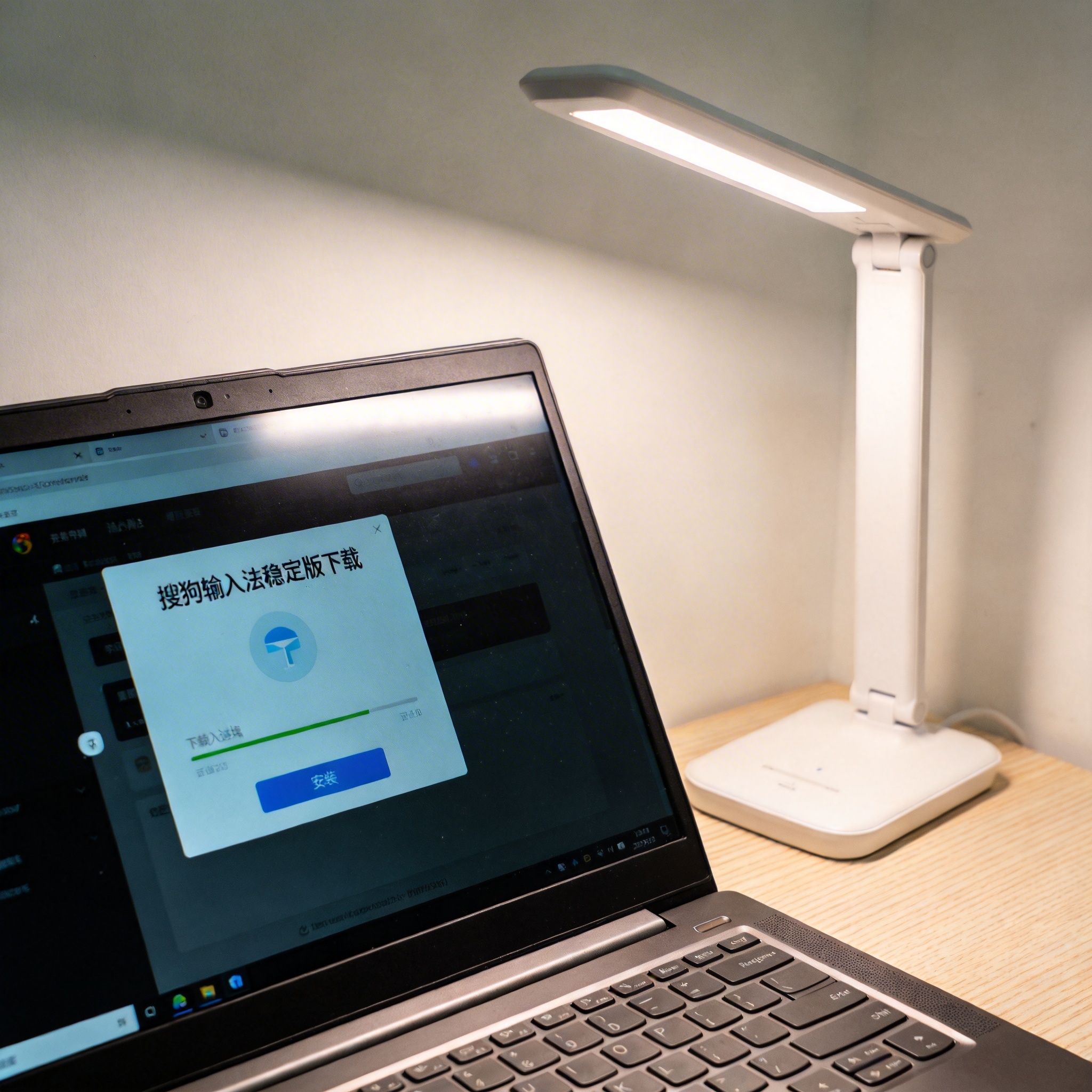 电脑桌上的电脑，屏幕显示搜狗输入法稳定版下载界面，旁边放着台灯