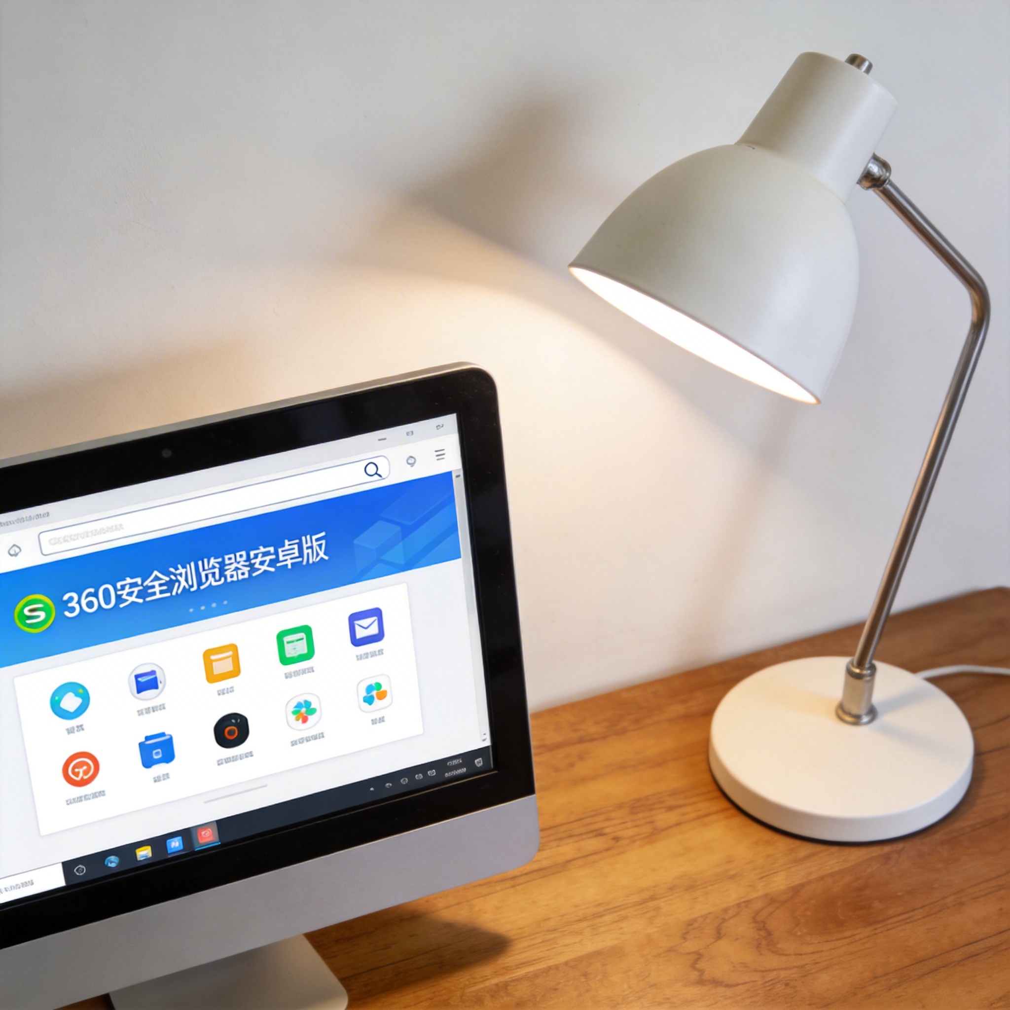 电脑桌上的电脑，屏幕显示360 安全浏览器安卓版界面，旁边放着台灯