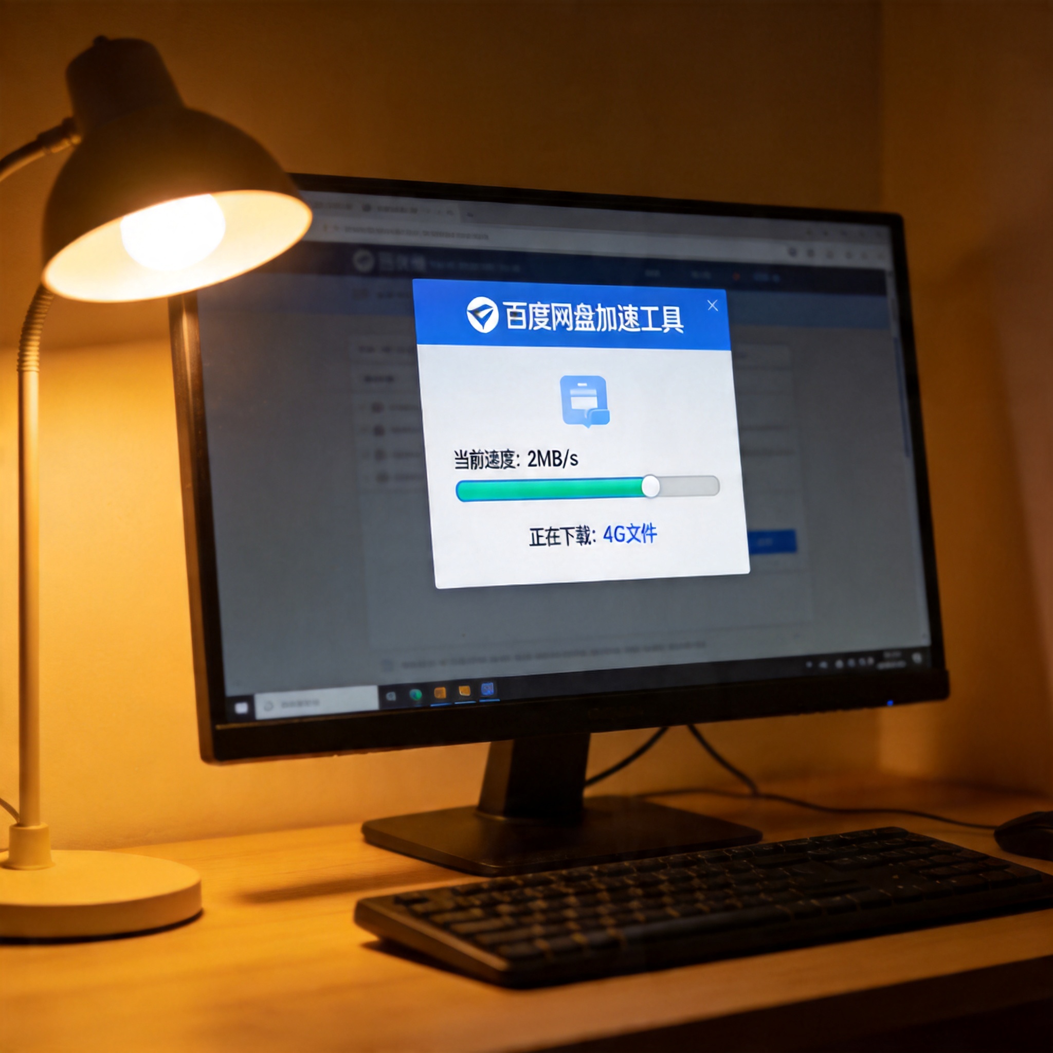 桌面的电脑屏幕显示百度网盘加速工具下载进度条，当前速度显示2MB/s，正在下载4G大小的文件，台灯暖光