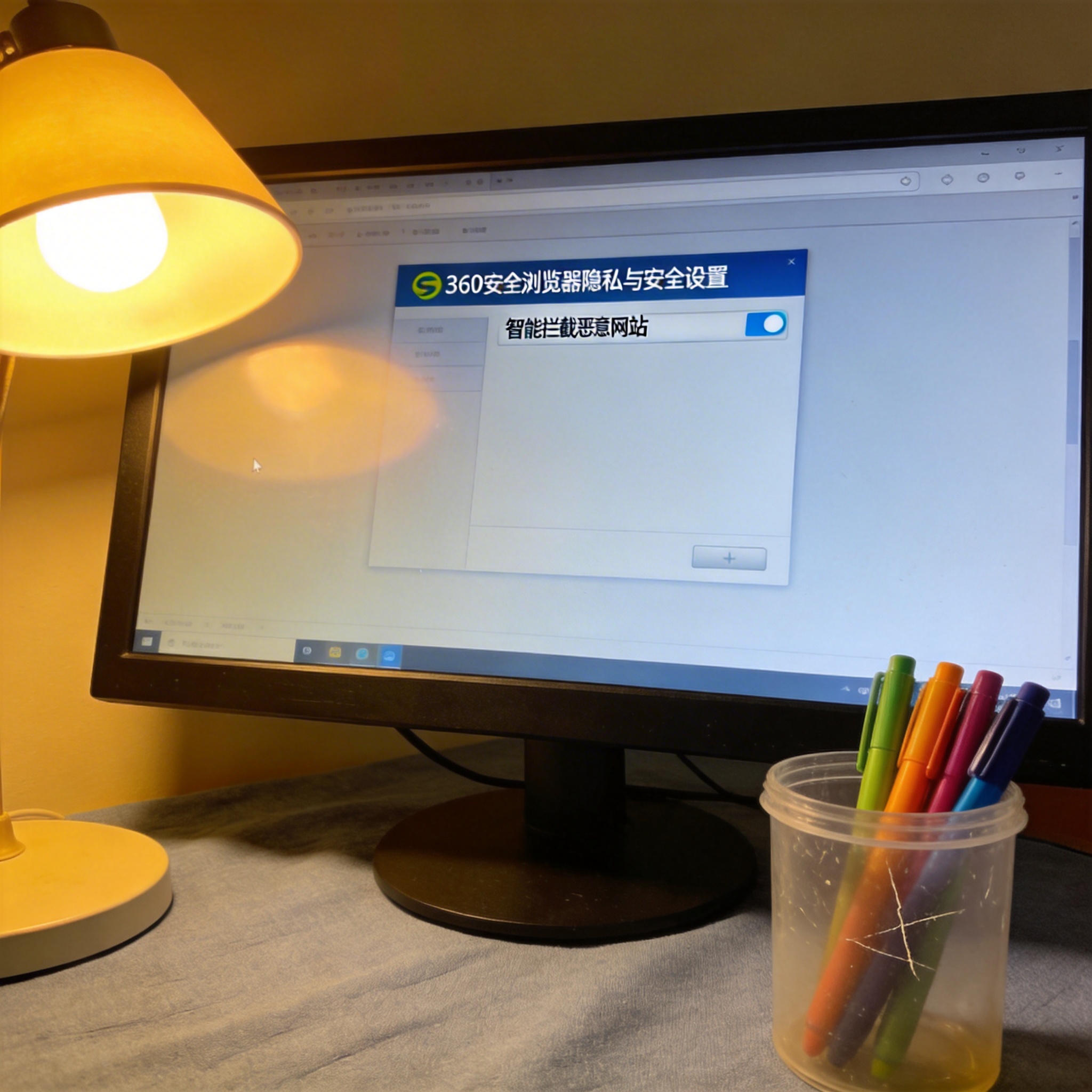 电脑屏幕显示360安全浏览器隐私与安全设置界面，智能拦截恶意网站选项已开启，桌面角落有个塑料笔筒，台灯暖光