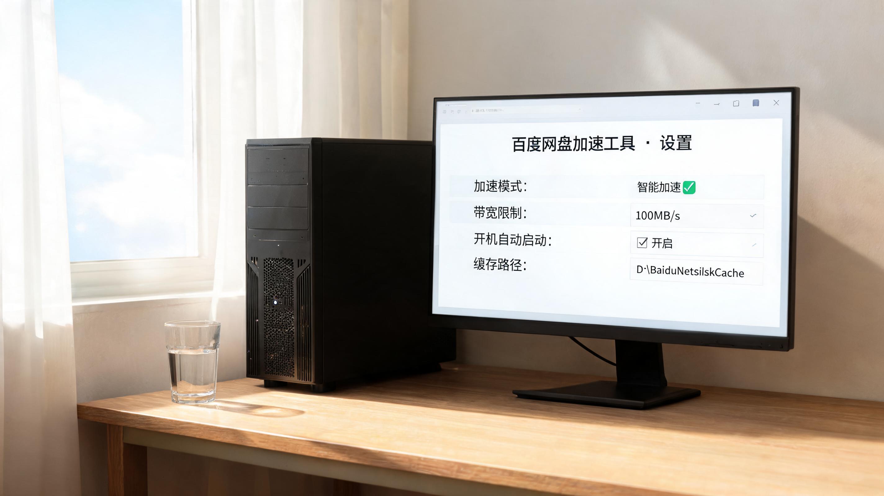 书桌上的主机，屏幕显示百度网盘加速工具使用教程设置界面，桌角放着水杯，自然光