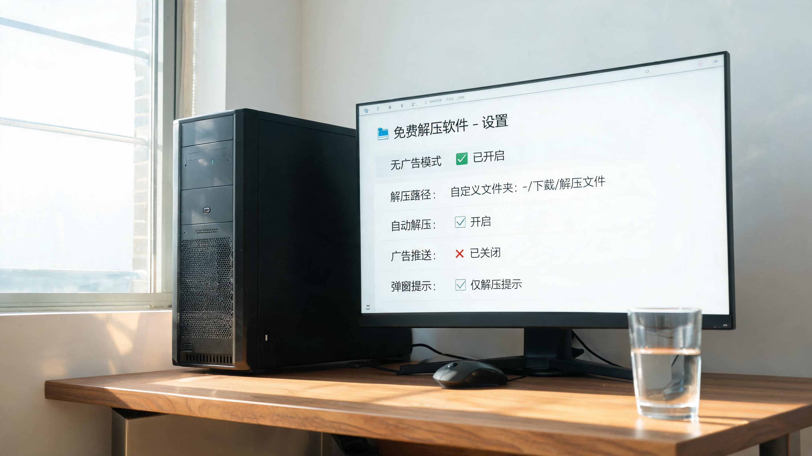 书桌上的主机，屏幕显示无广告解压缩软件免费设置界面，桌角放着水杯，自然光