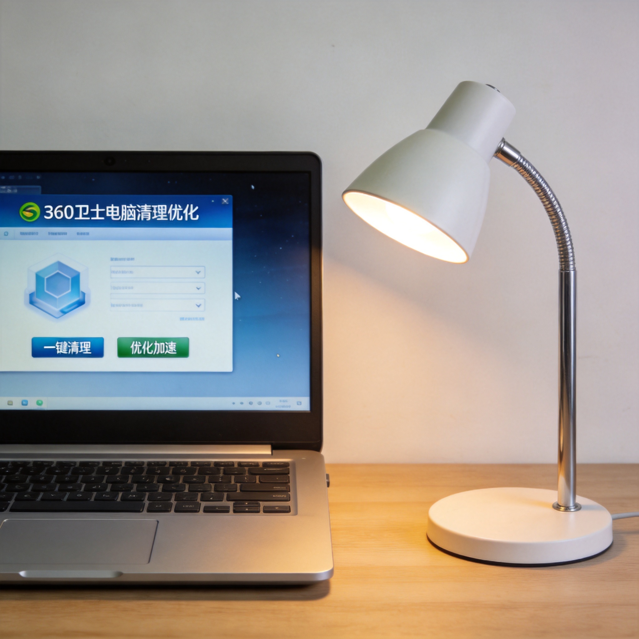 电脑桌上的电脑，屏幕显示360 卫士电脑清理优化界面，旁边放着台灯