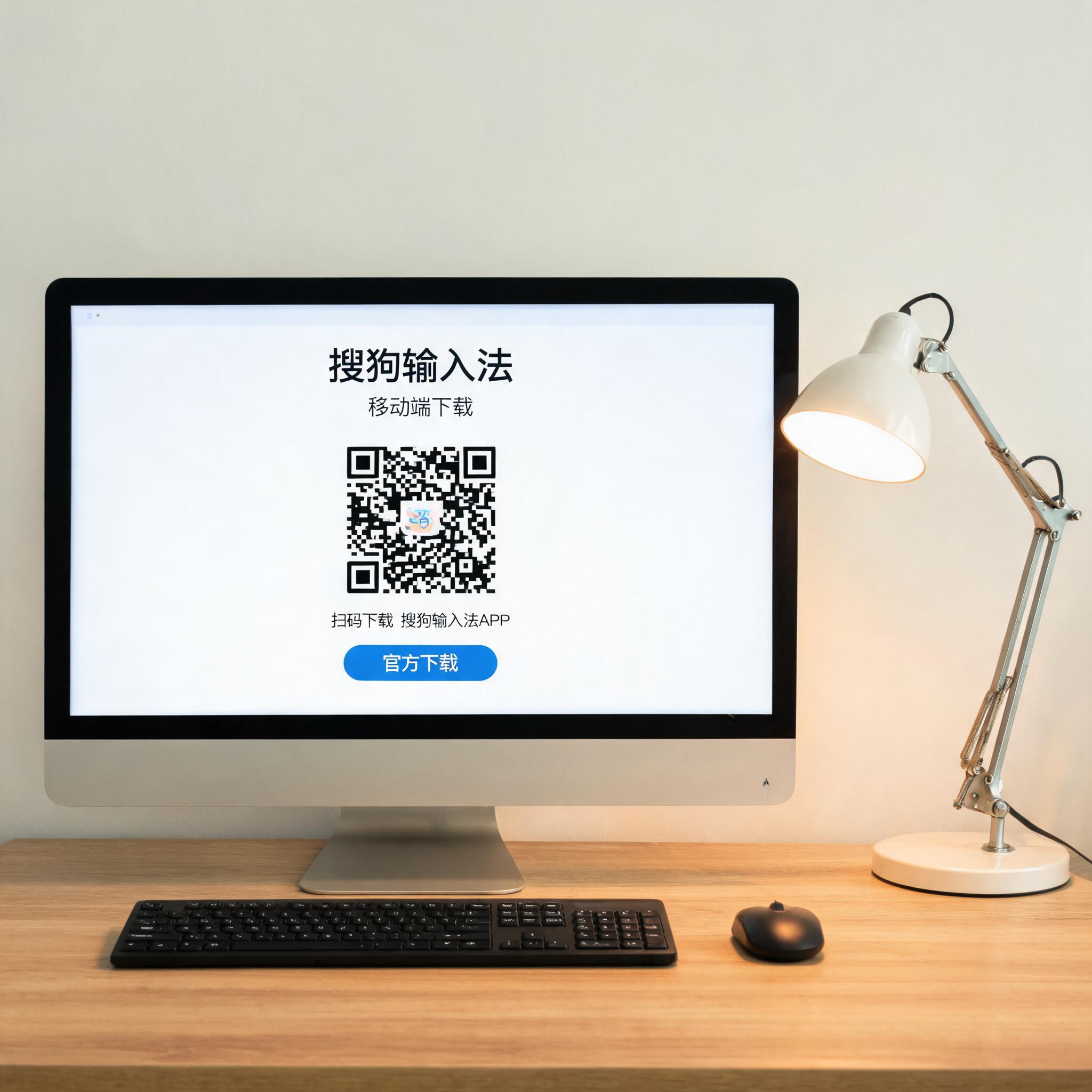 电脑桌上的电脑，屏幕显示移动端搜狗输入法下载界面，旁边放着台灯
