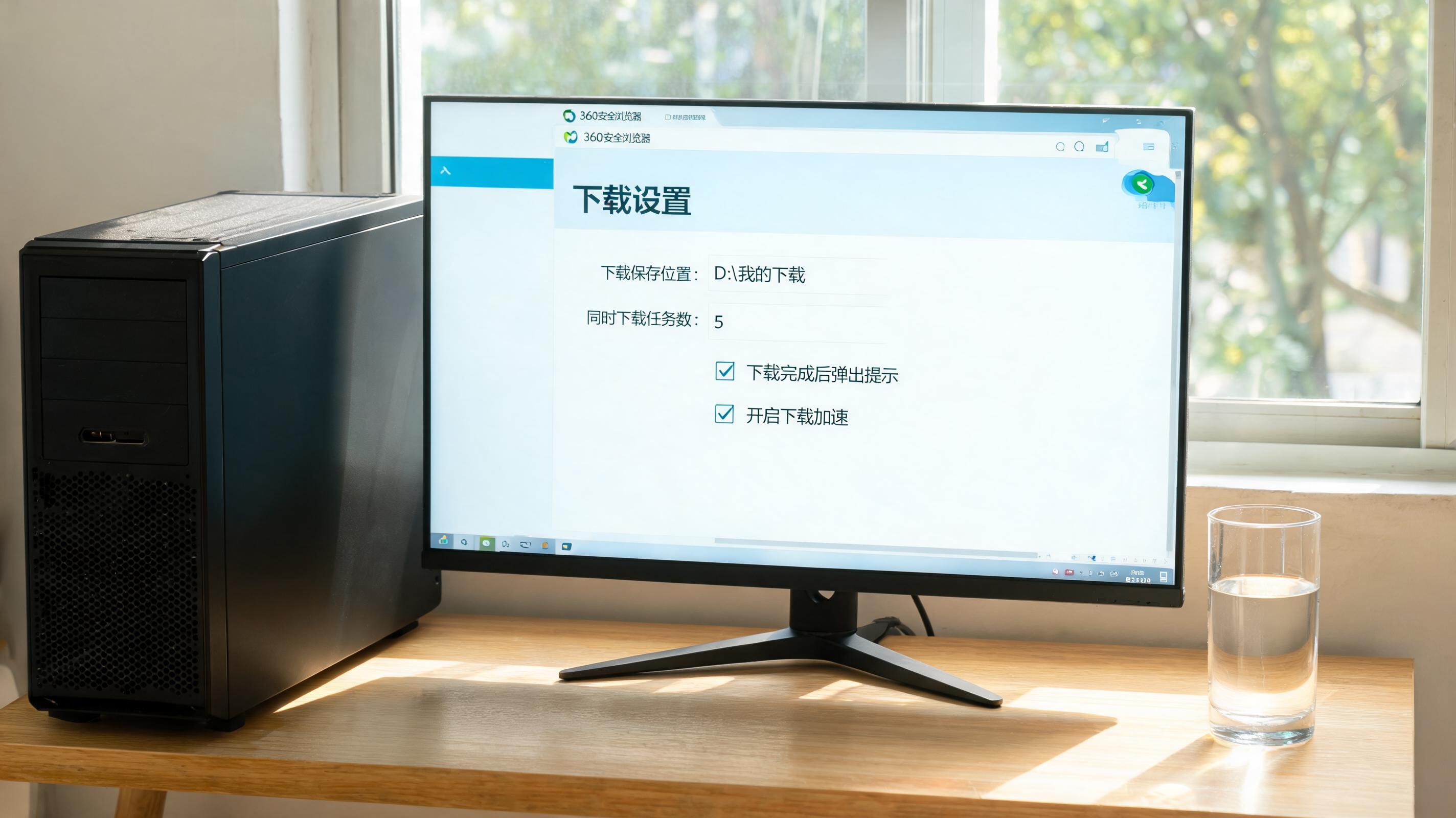书桌上的主机，屏幕显示360安全浏览器下载设置界面，桌角放着水杯，自然光