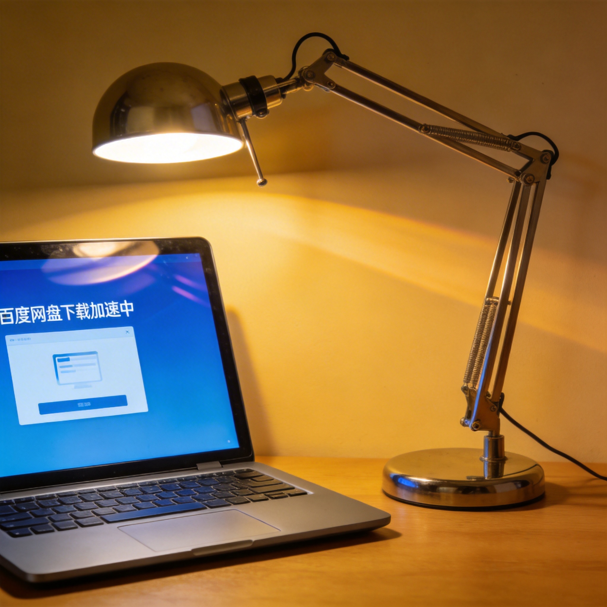 电脑桌上的笔记本，屏幕显示百度网盘下载加速电脑界面，旁边放着台灯