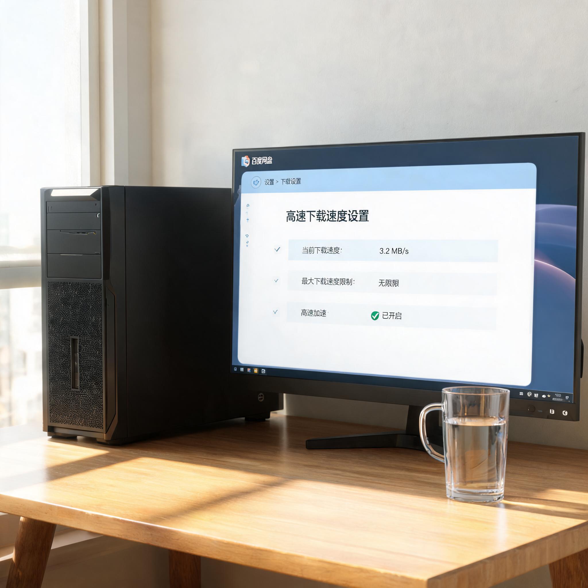 书桌上的主机，屏幕显示百度网盘高速下载真实速度设置界面，桌角放着水杯，自然光