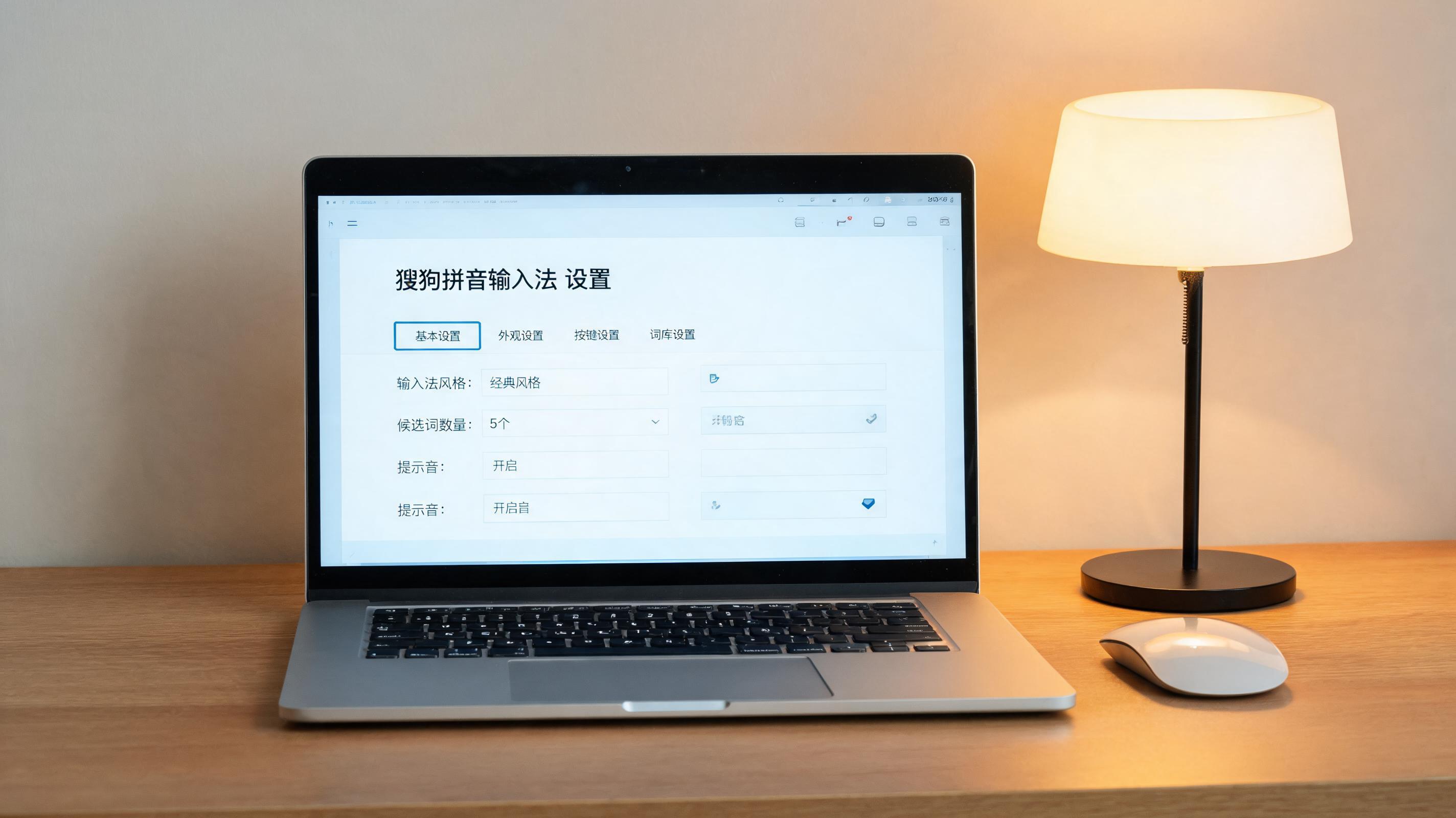 电脑桌上的笔记本，屏幕显示搜狗拼音输入法怎么设置界面，旁边放着台灯