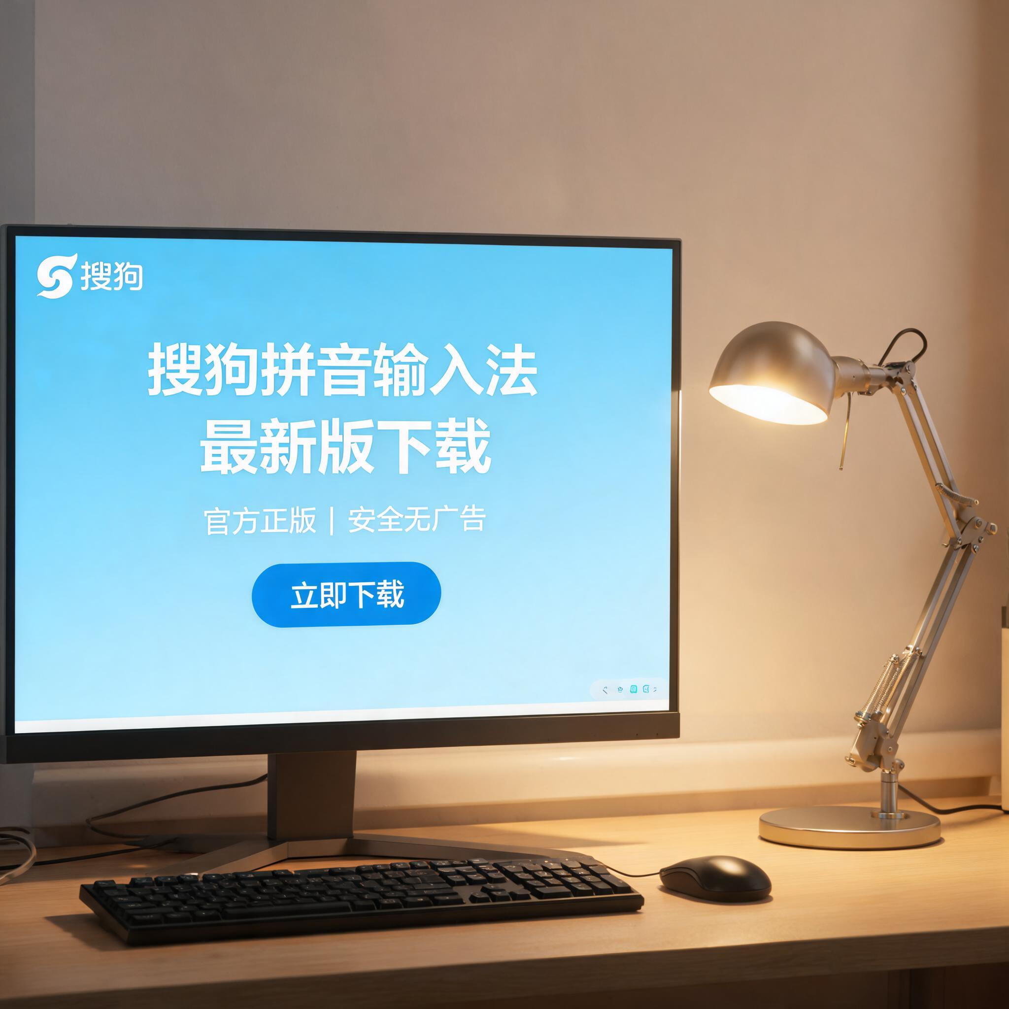 电脑桌上的电脑，屏幕显示搜狗拼音输入法最新版下载界面，旁边放着台灯