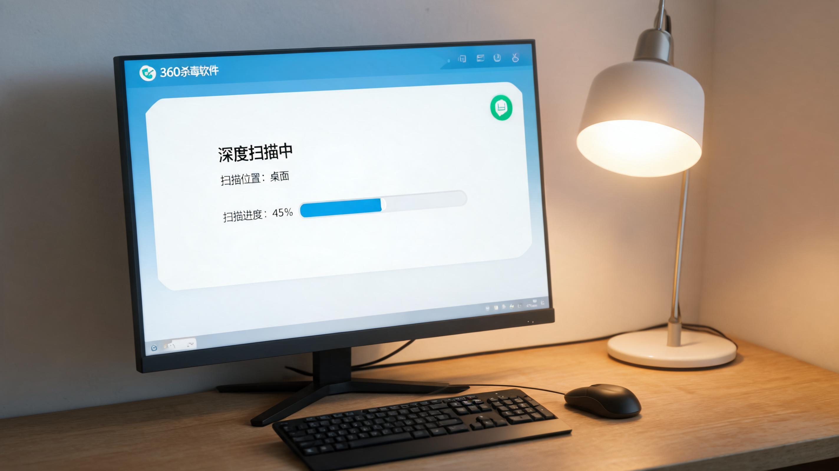 电脑桌上的电脑，屏幕显示360 杀毒软件深度扫描桌面，旁边放着台灯