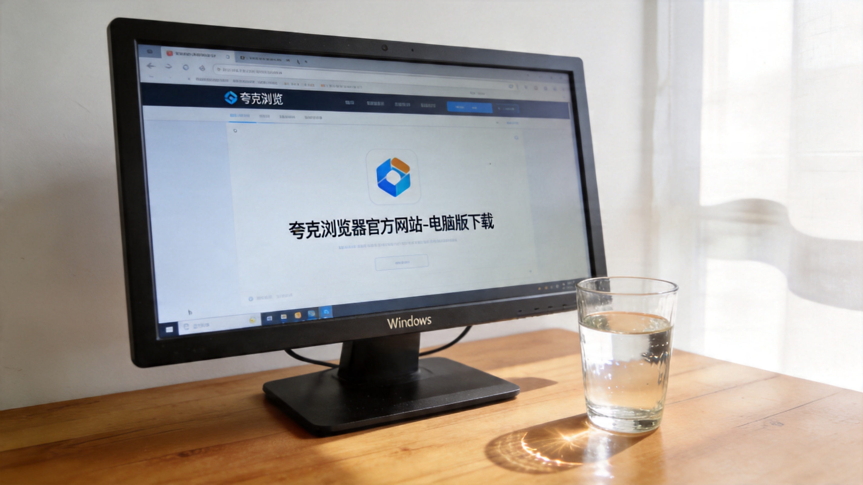电脑桌的Windows系统电脑，屏幕显示夸克浏览器官方网站的电脑版下载页面，桌面放着半杯温水，室内自然光