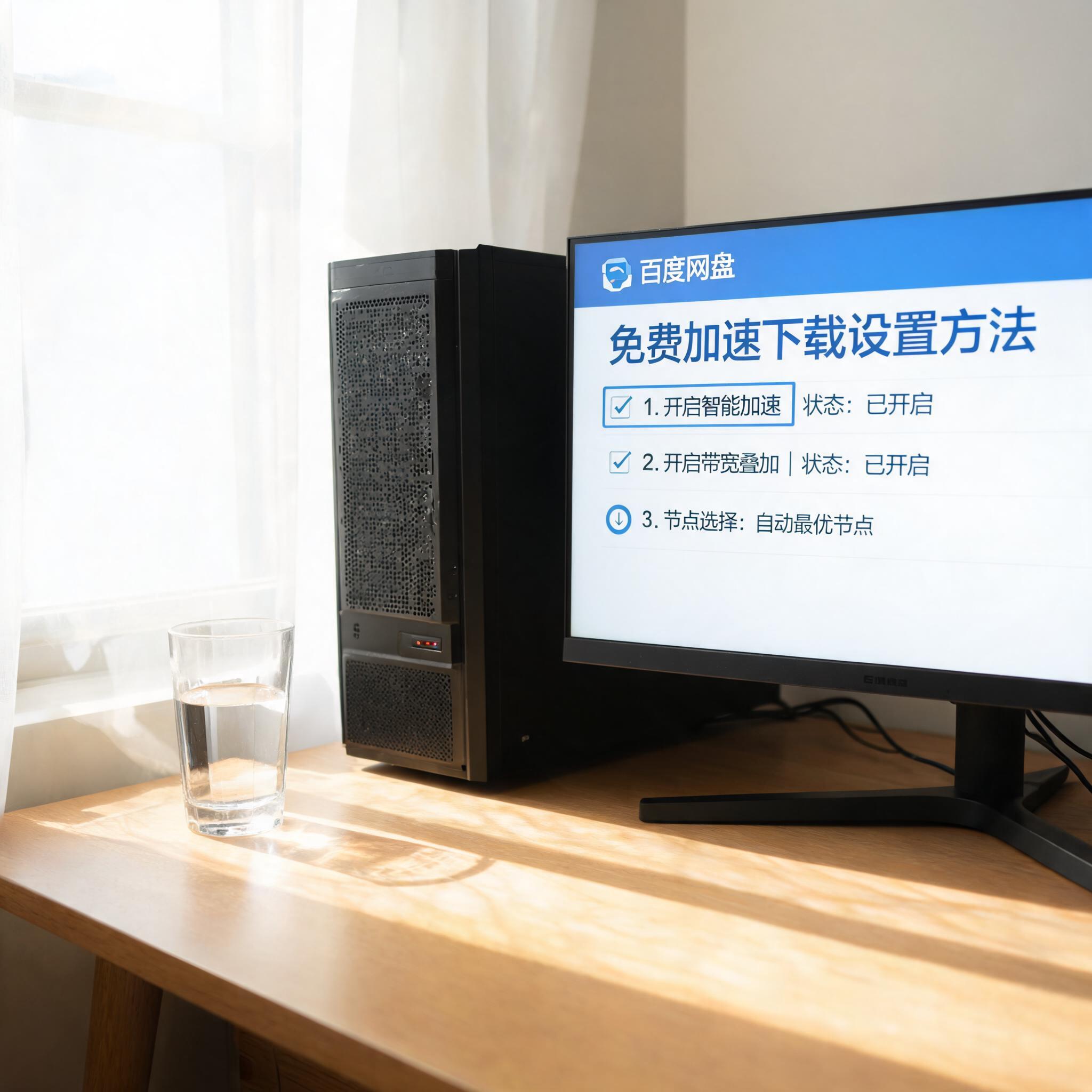 书桌上的主机，屏幕显示百度网盘加速下载免费方法设置界面，桌角放着水杯，自然光