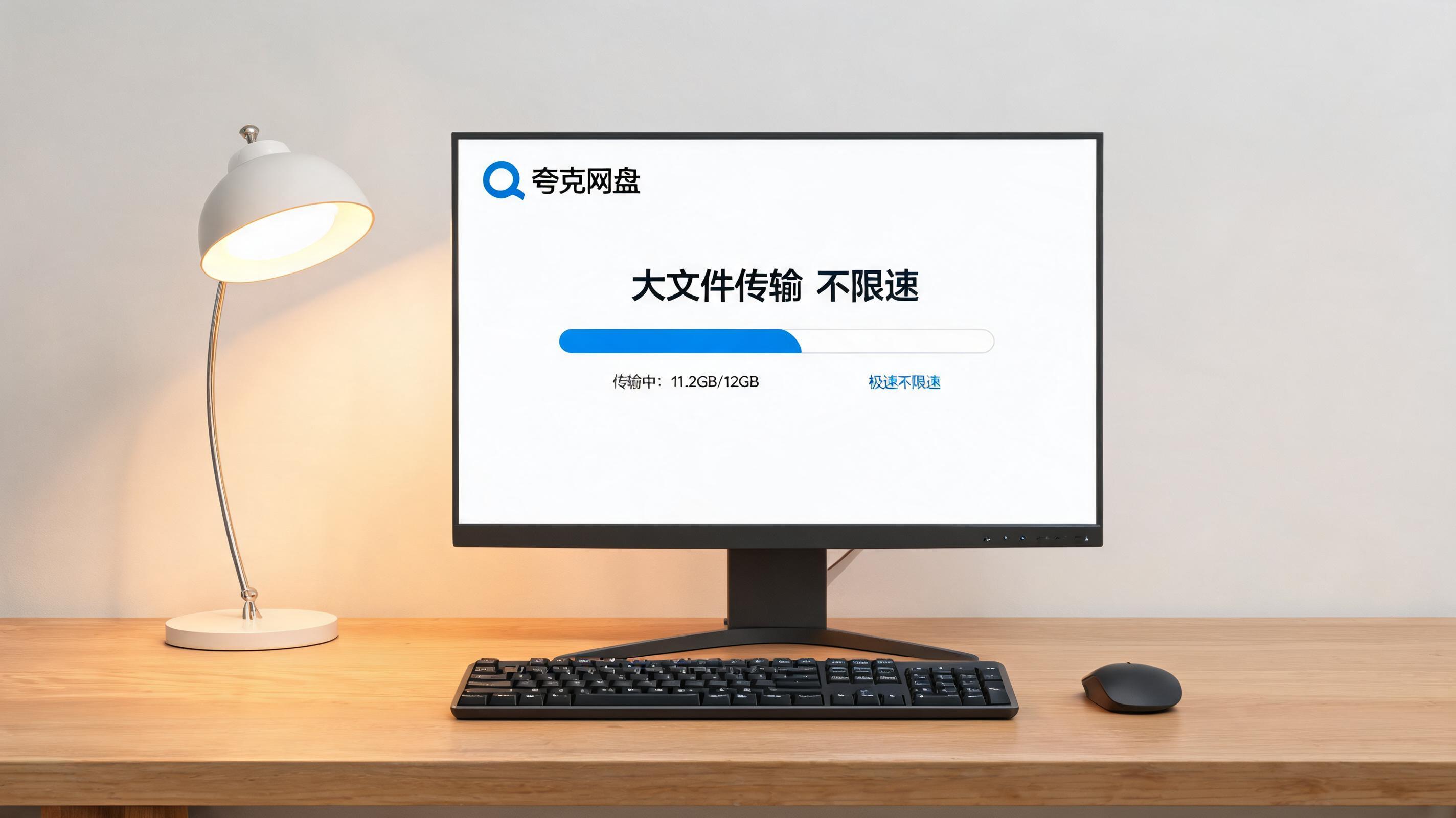 电脑桌上的电脑，屏幕显示夸克网盘大文件传输不限速界面，旁边放着台灯