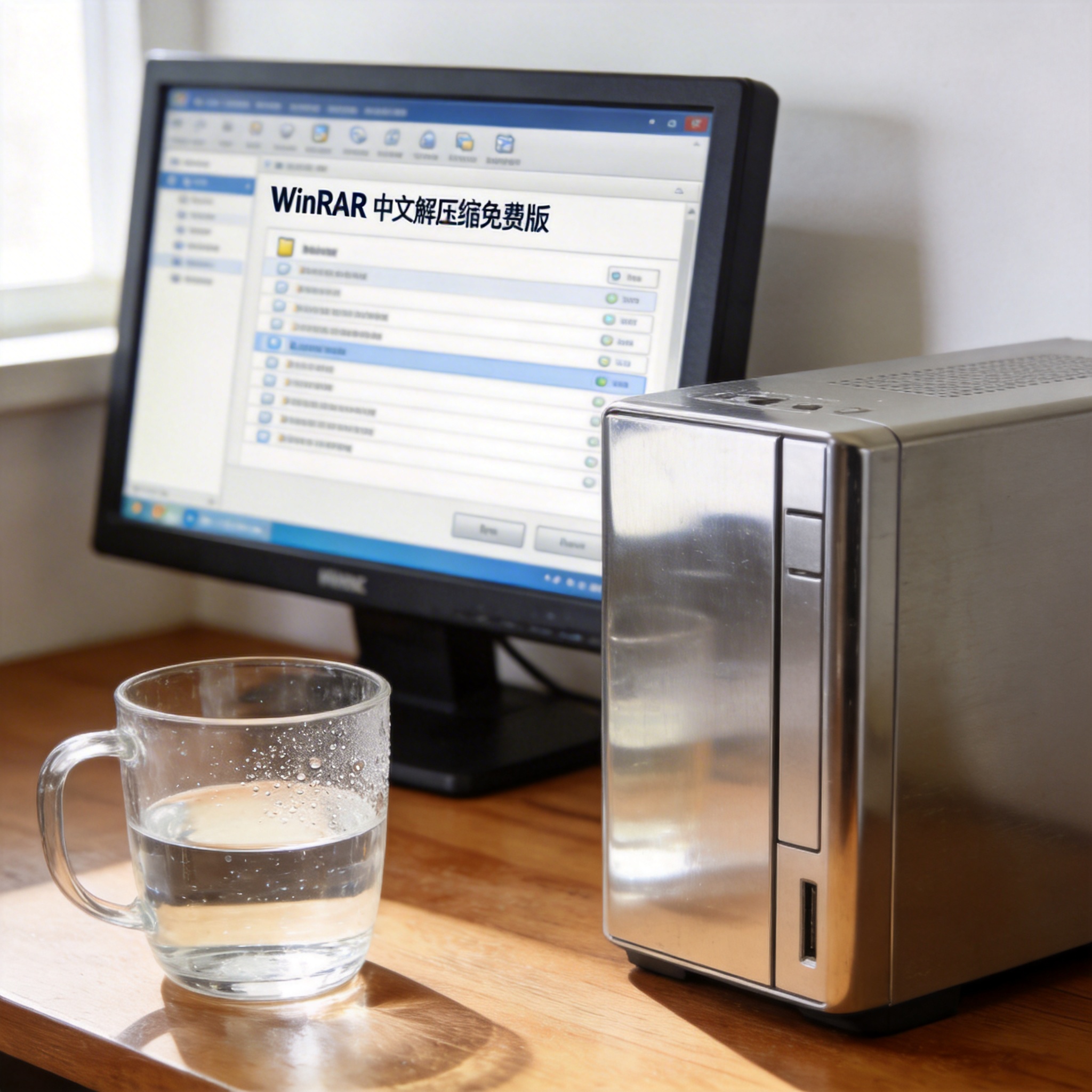 书桌上的主机，屏幕显示winrar 中文解压缩免费版设置界面，桌角放着水杯，自然光