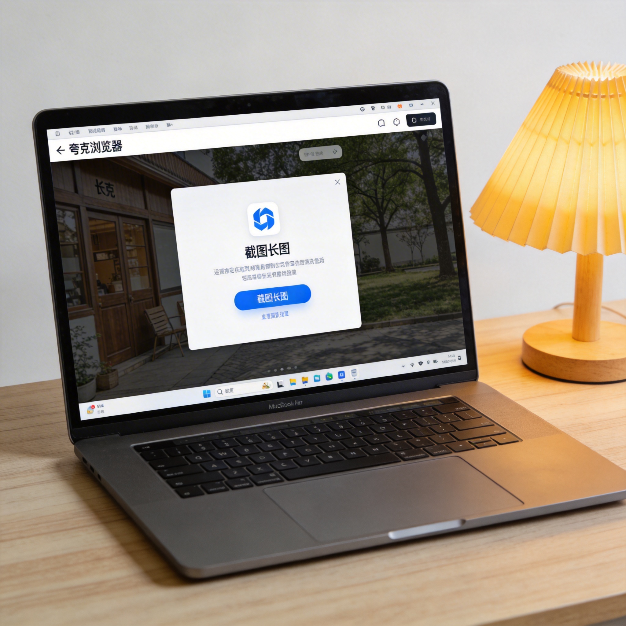电脑桌上的电脑，屏幕显示夸克浏览器截图长图功能界面，旁边放着台灯