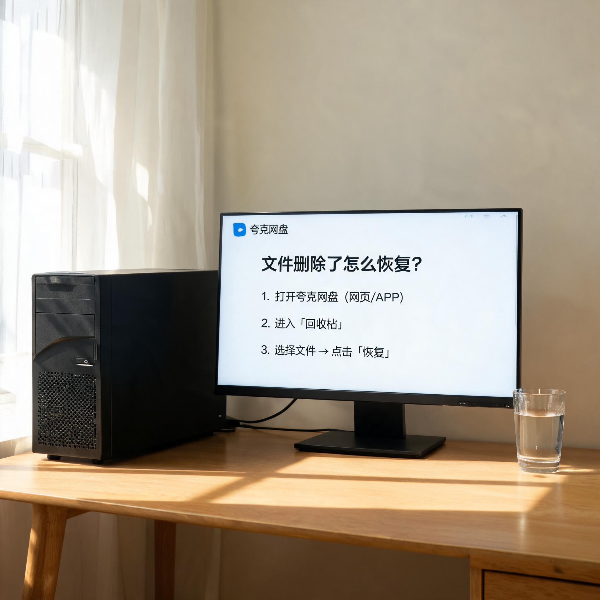书桌上的主机，屏幕显示夸克网盘文件删除了怎么恢复设置界面，桌角放着水杯，自然光