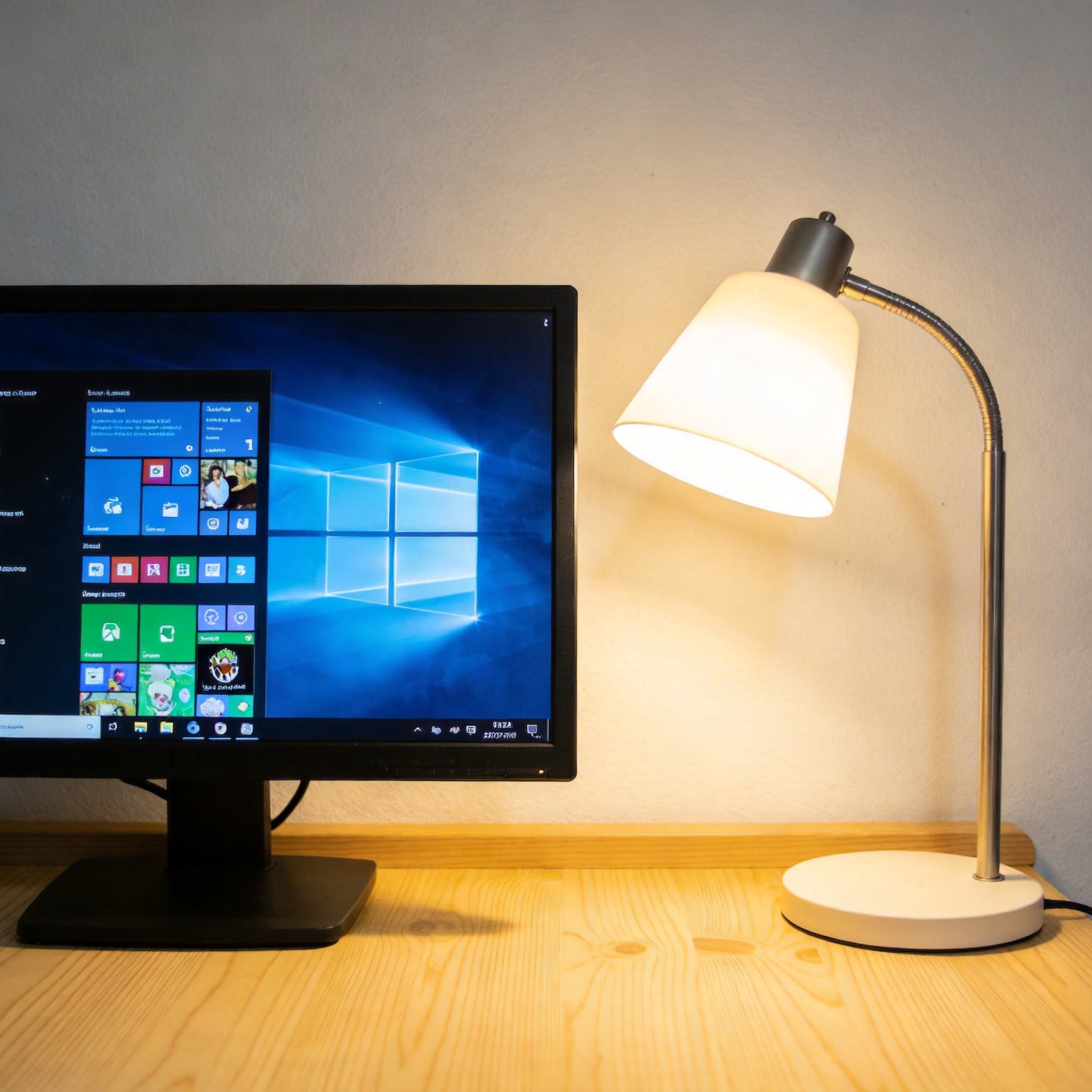 电脑桌上的电脑，屏幕显示Windows界面，旁边放着台灯