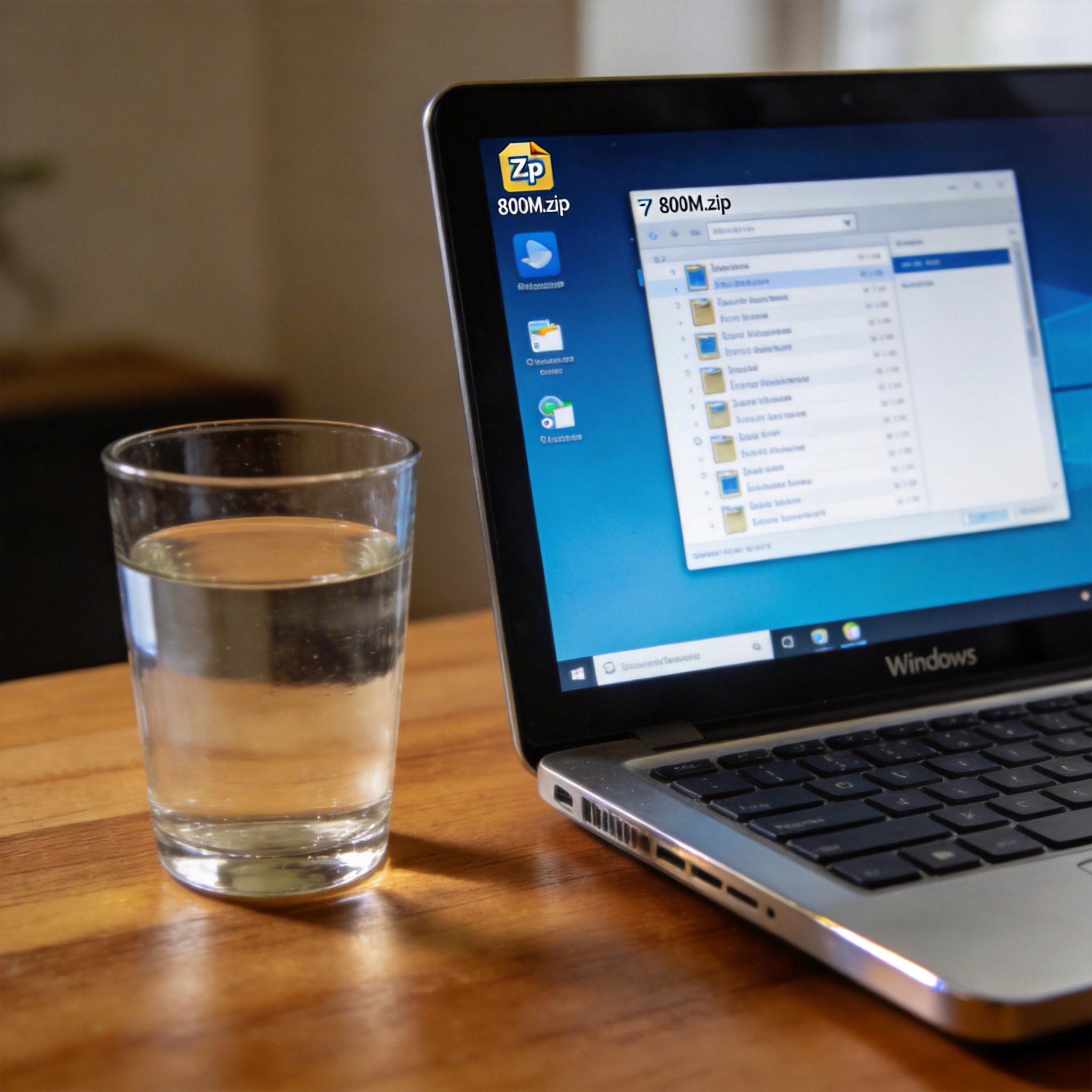 电脑桌的Windows系统电脑，桌面放着显示800M大小的zip压缩包，屏幕打开7Zip软件界面，旁边摆着半杯温水，室内自然光