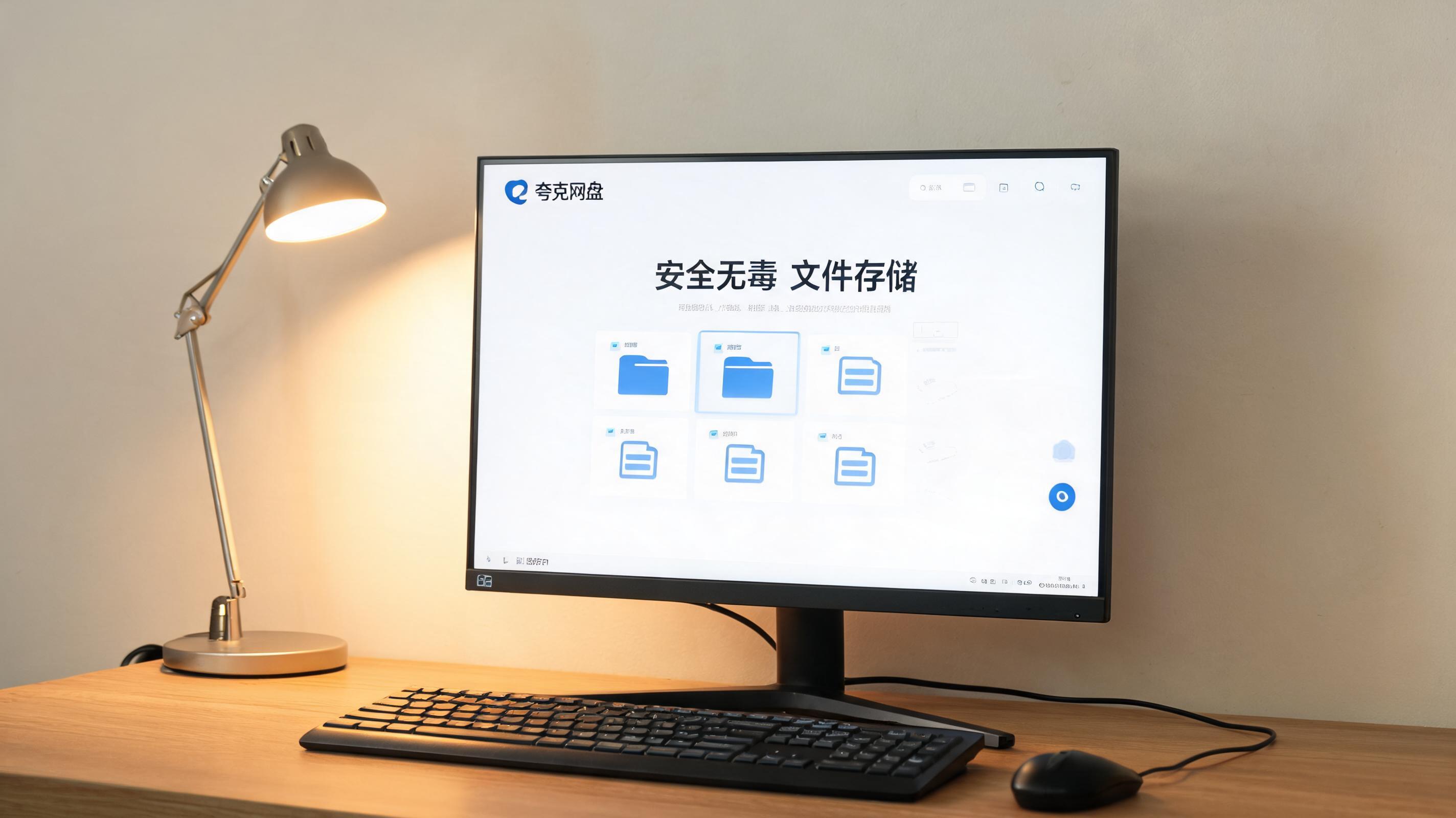 电脑桌上的电脑，屏幕显示夸克网盘安全无毒文件存储界面，旁边放着台灯