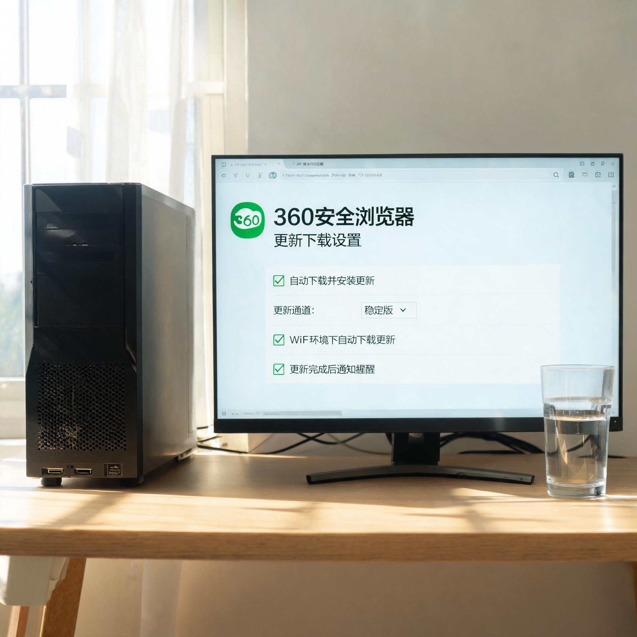 书桌上的主机，屏幕显示360 安全浏览器更新下载设置界面，桌角放着水杯，自然光