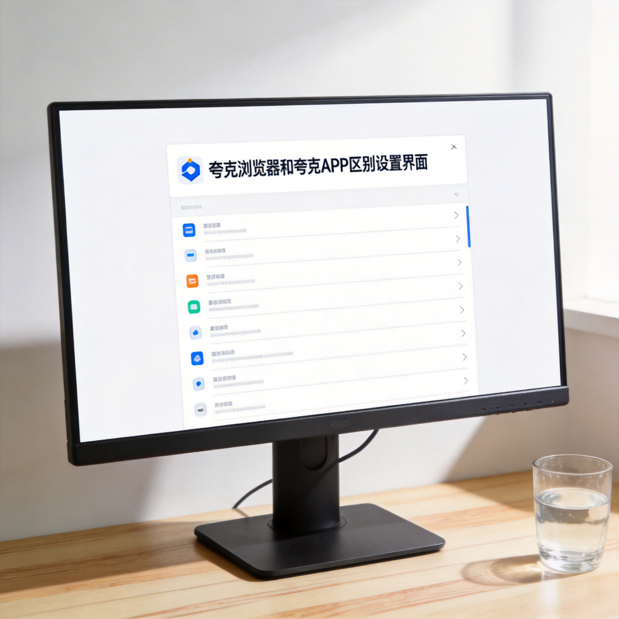 书桌上的主机，屏幕显示夸克浏览器和夸克 APP 区别设置界面，桌角放着水杯，自然光