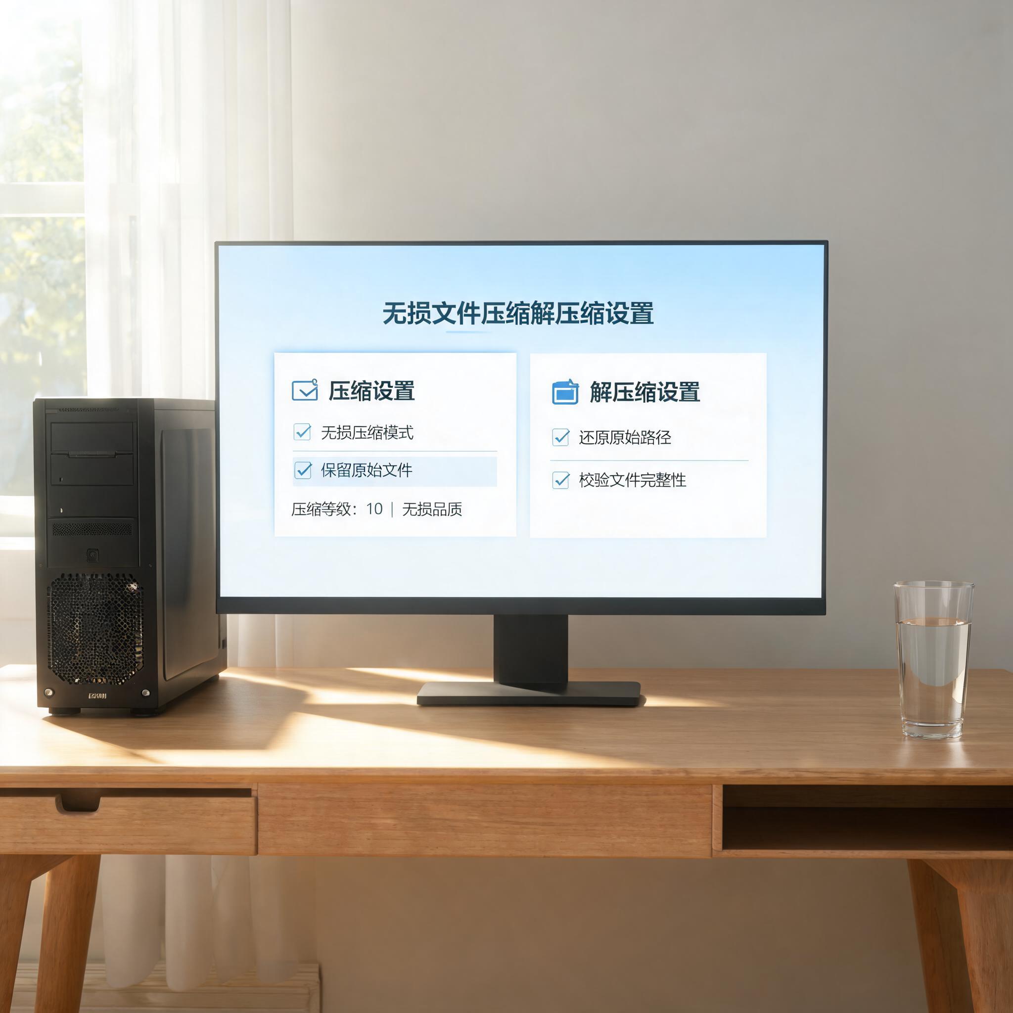 书桌上的主机，屏幕显示无损文件压缩解压缩设置界面，桌角放着水杯，自然光