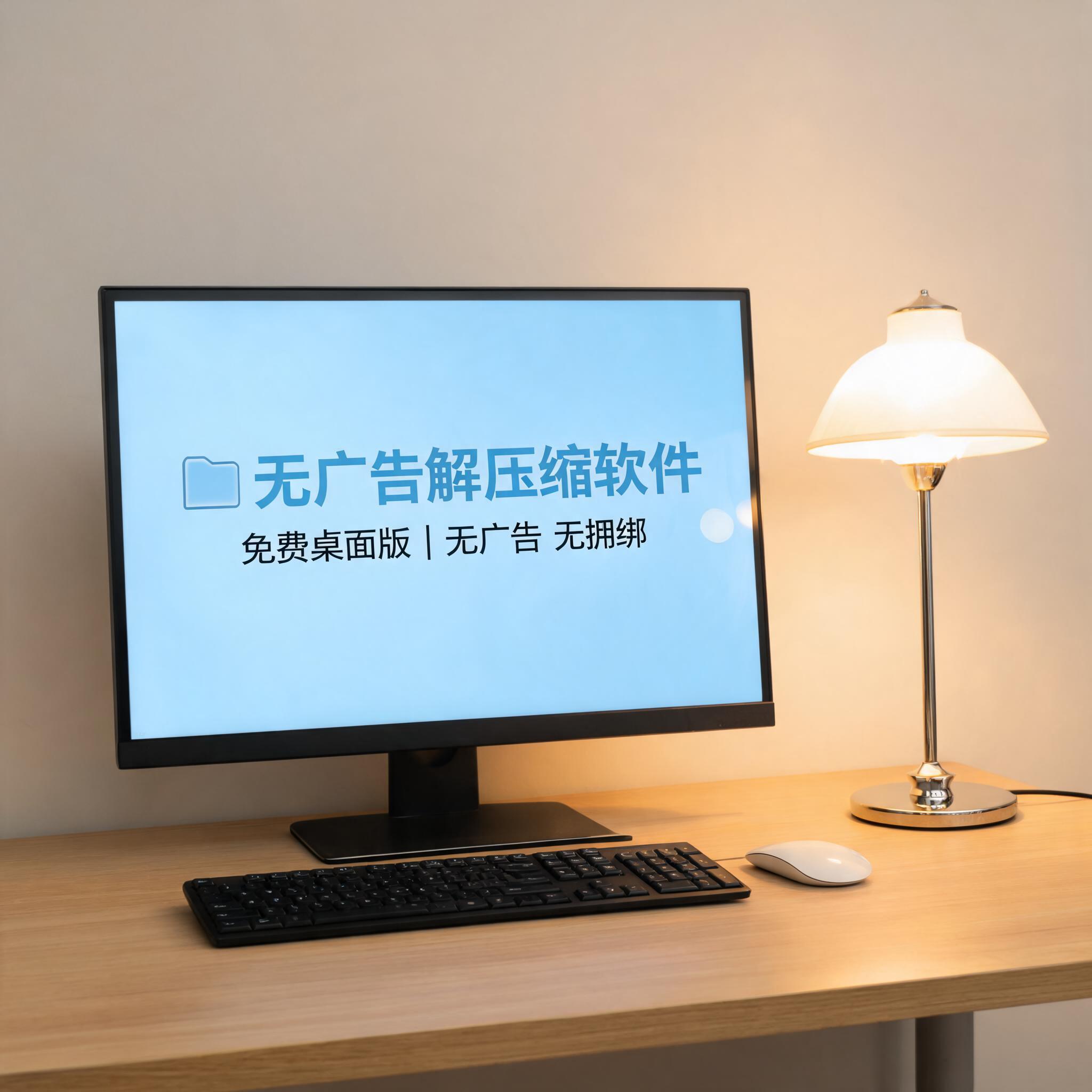 电脑桌上的电脑，屏幕显示无广告解压缩软件免费桌面，旁边放着台灯
