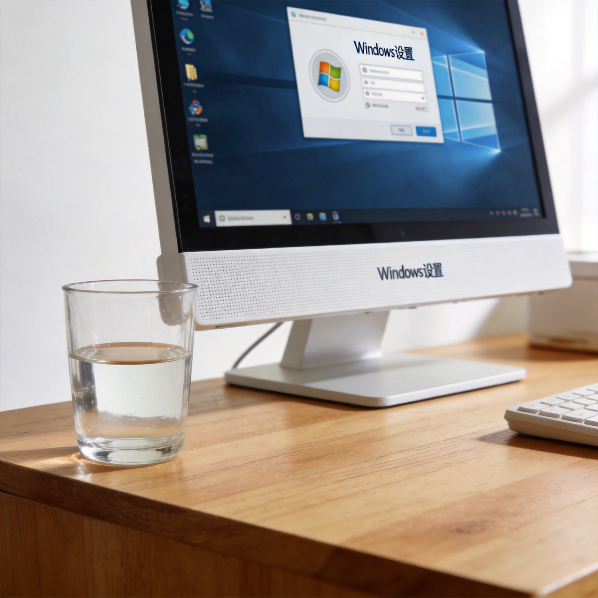 书桌上的主机，屏幕显示Windows设置界面，桌角放着水杯，自然光