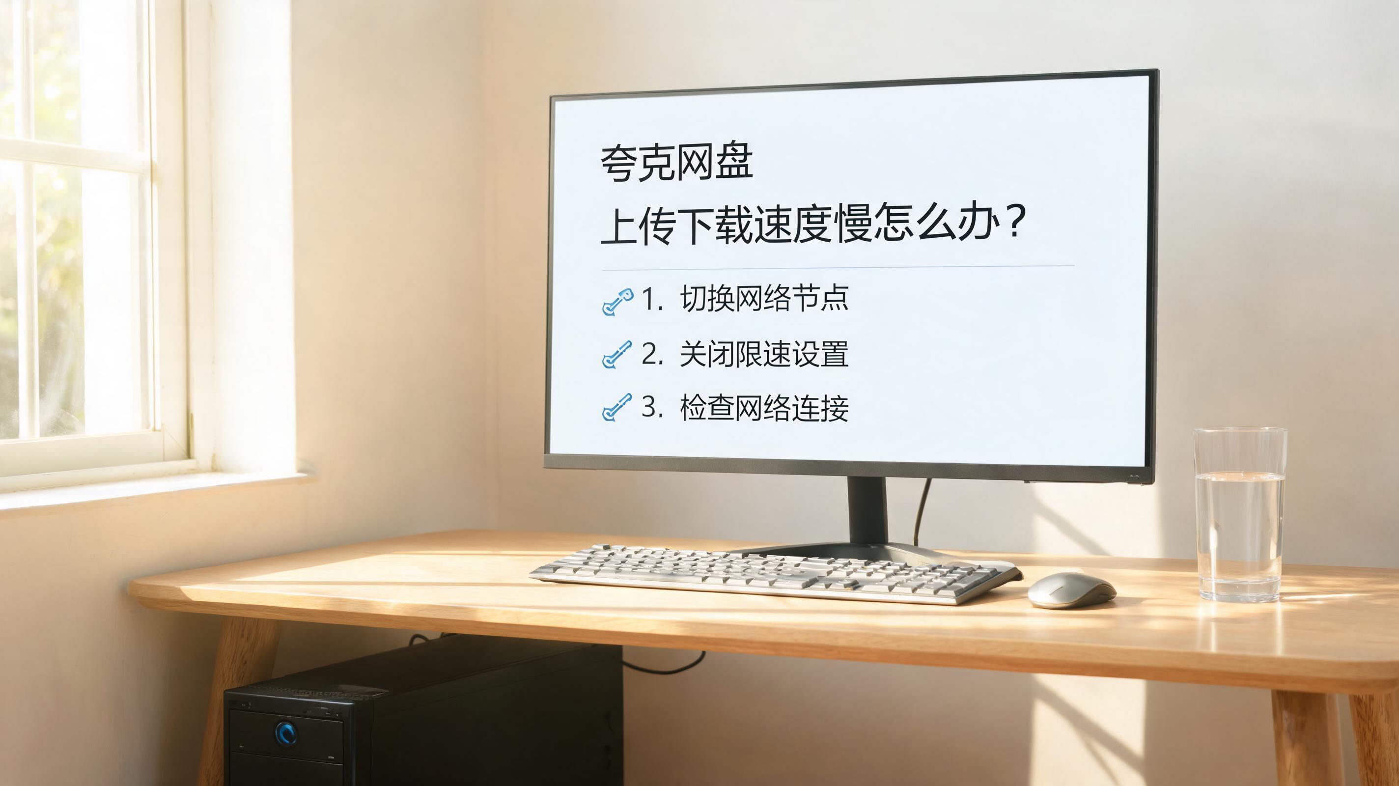 书桌上的主机，屏幕显示夸克网盘上传下载速度慢怎么办设置界面，桌角放着水杯，自然光