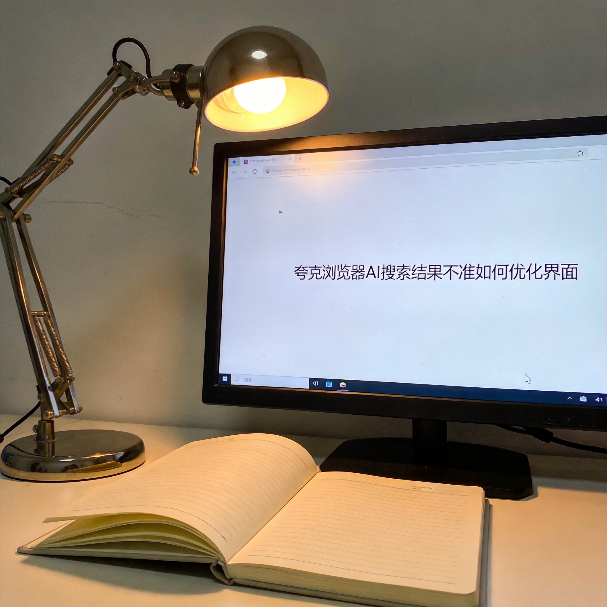 电脑桌上的笔记本，屏幕显示夸克浏览器 AI 搜索结果不准如何优化界面，旁边放着台灯