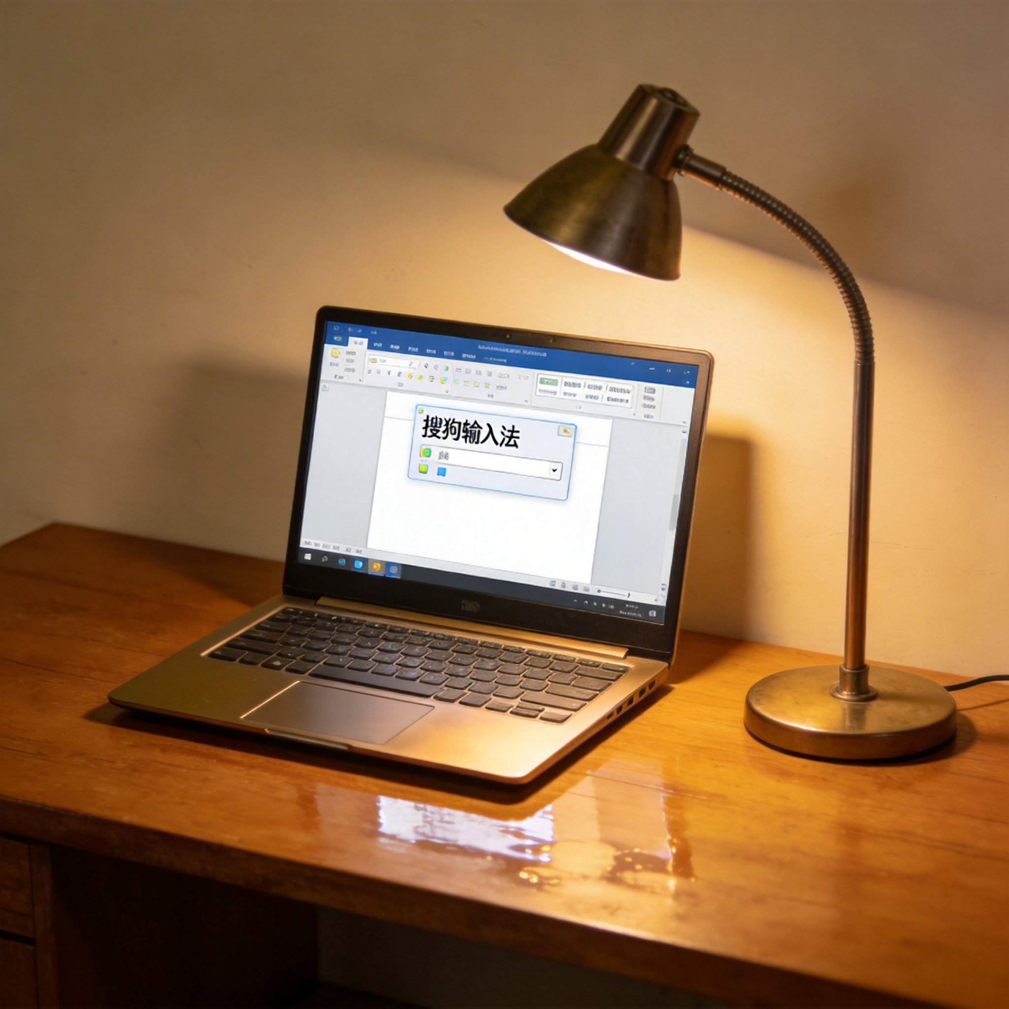 电脑桌上的电脑，屏幕显示搜狗输入法桌面，旁边放着台灯