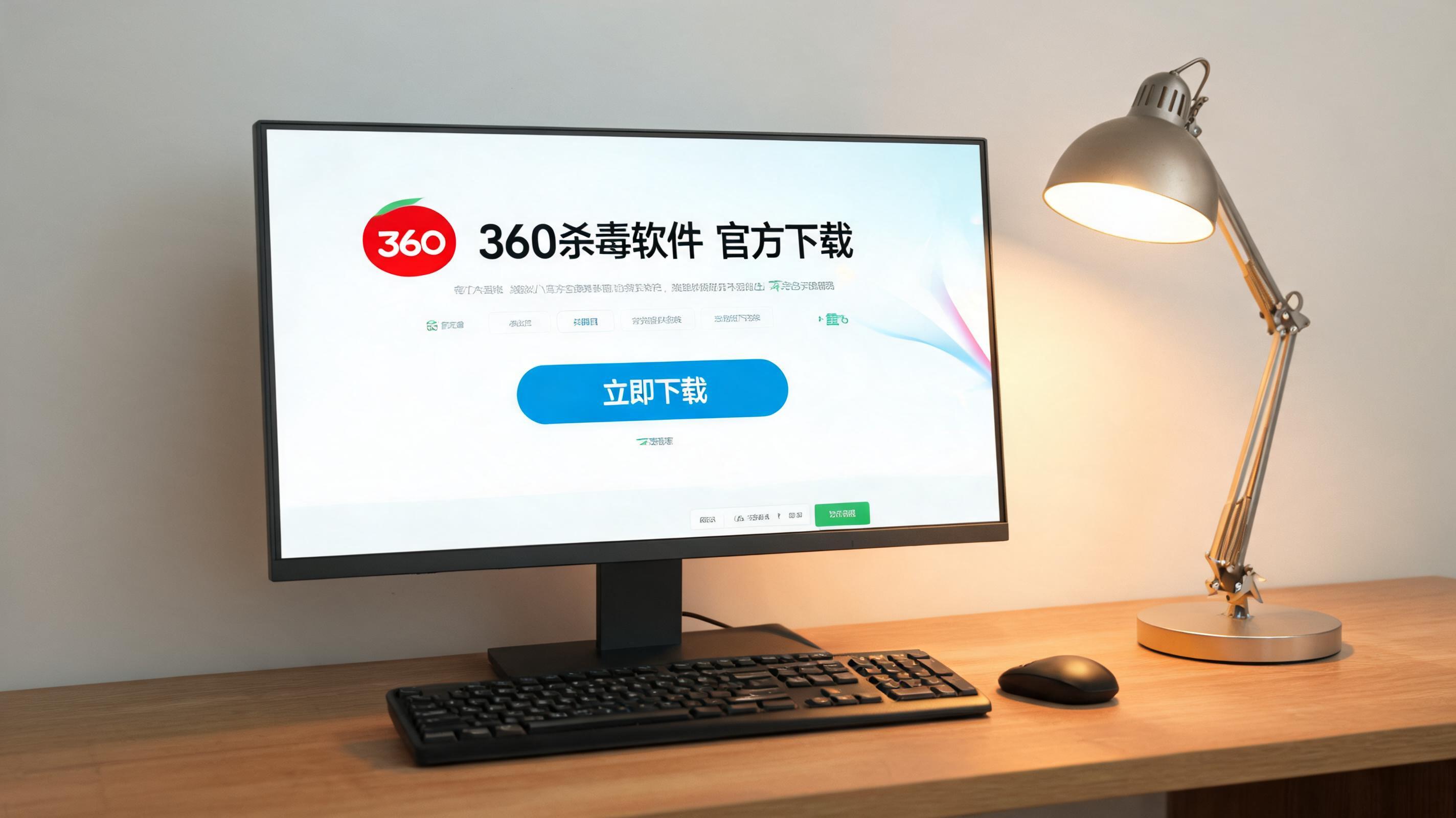 电脑桌上的电脑，屏幕显示360 杀毒软件官方下载界面，旁边放着台灯