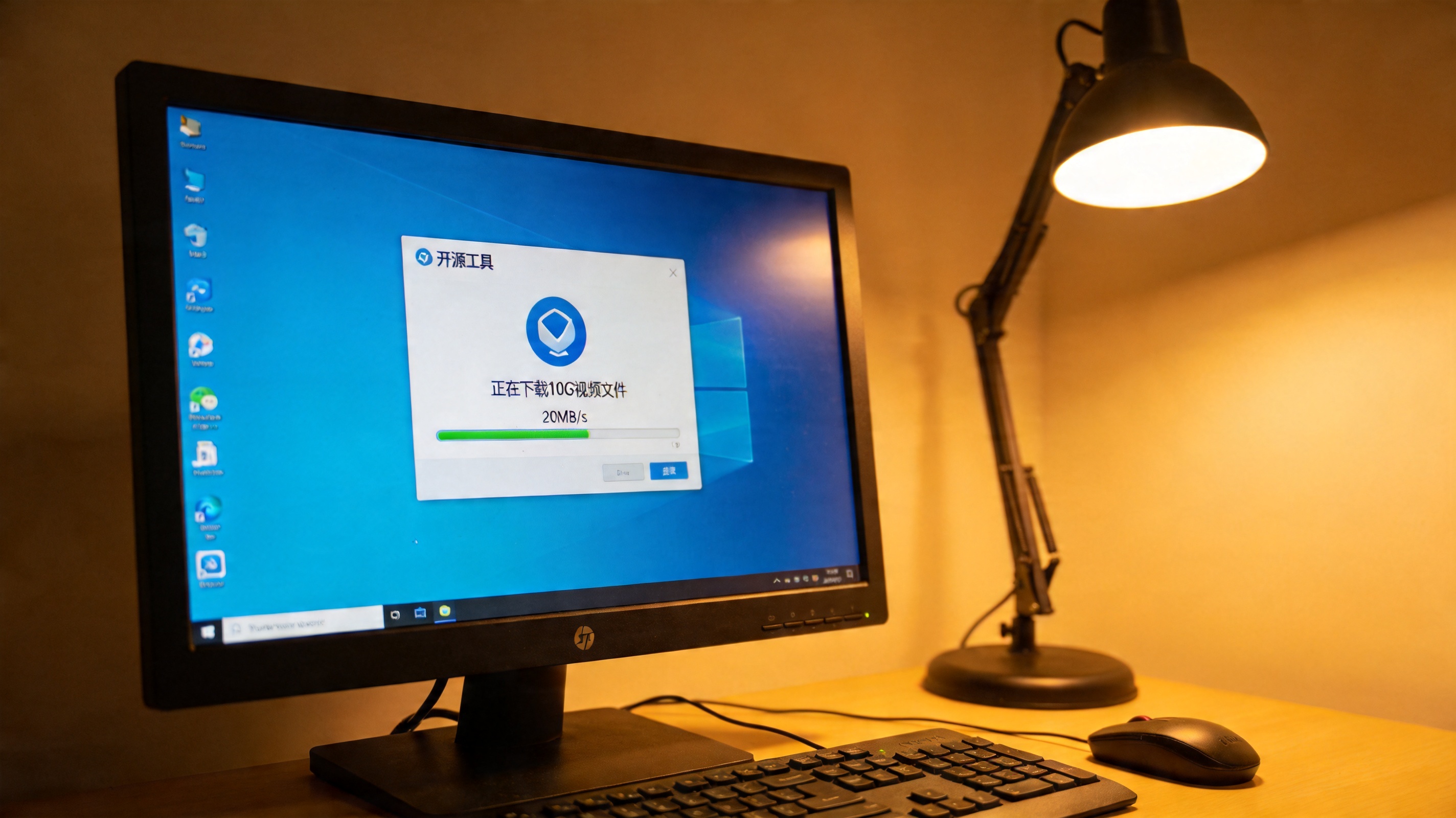 桌面上的Windows系统电脑，屏幕显示开源工具的下载界面，进度条旁标注每秒20MB，正在下载10G的视频文件，台灯暖光