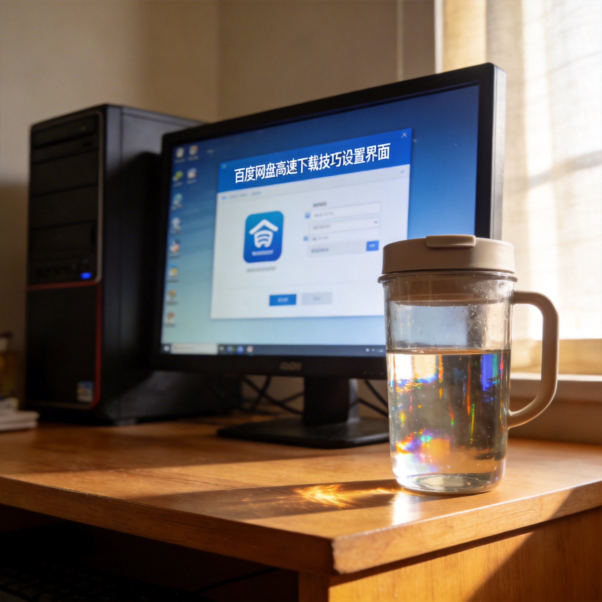 书桌上的主机，屏幕显示百度网盘高速下载技巧设置界面，桌角放着水杯，自然光