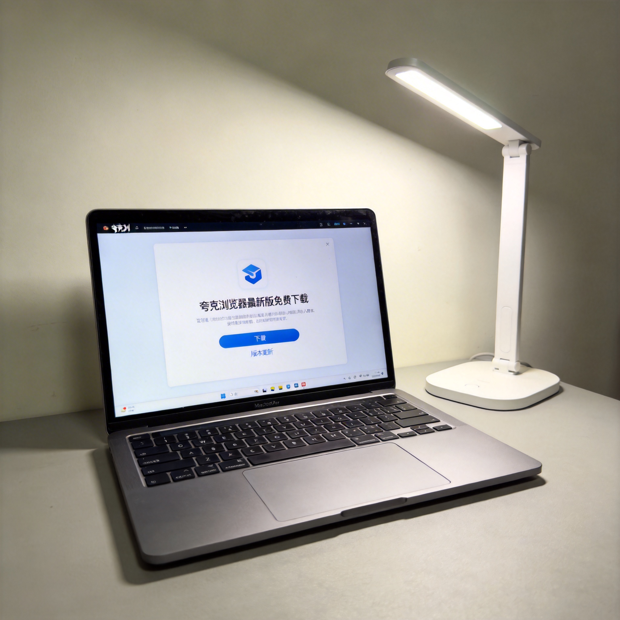 电脑桌上的电脑，屏幕显示夸克浏览器最新版免费下载界面，旁边放着台灯