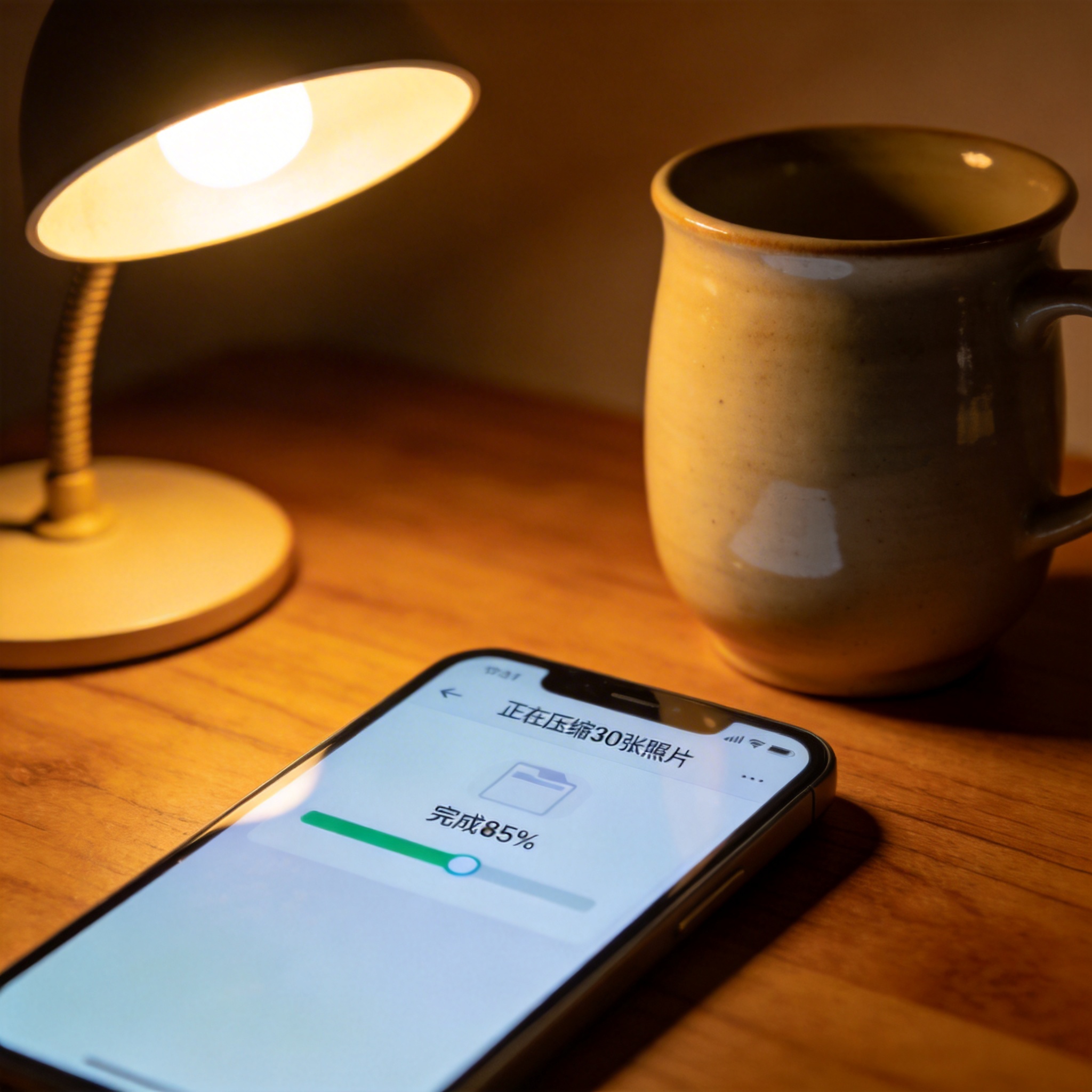 书桌的智能手机，屏幕显示手机文件压缩解压缩软件界面，正在压缩30张照片，进度条显示完成85%，旁边放着陶瓷水杯，台灯暖光