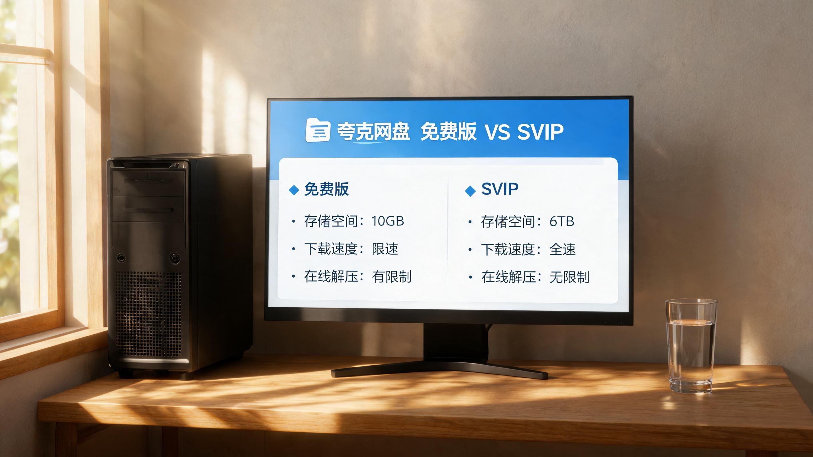 书桌上的主机，屏幕显示夸克网盘免费版和 SVIP 区别设置界面，桌角放着水杯，自然光