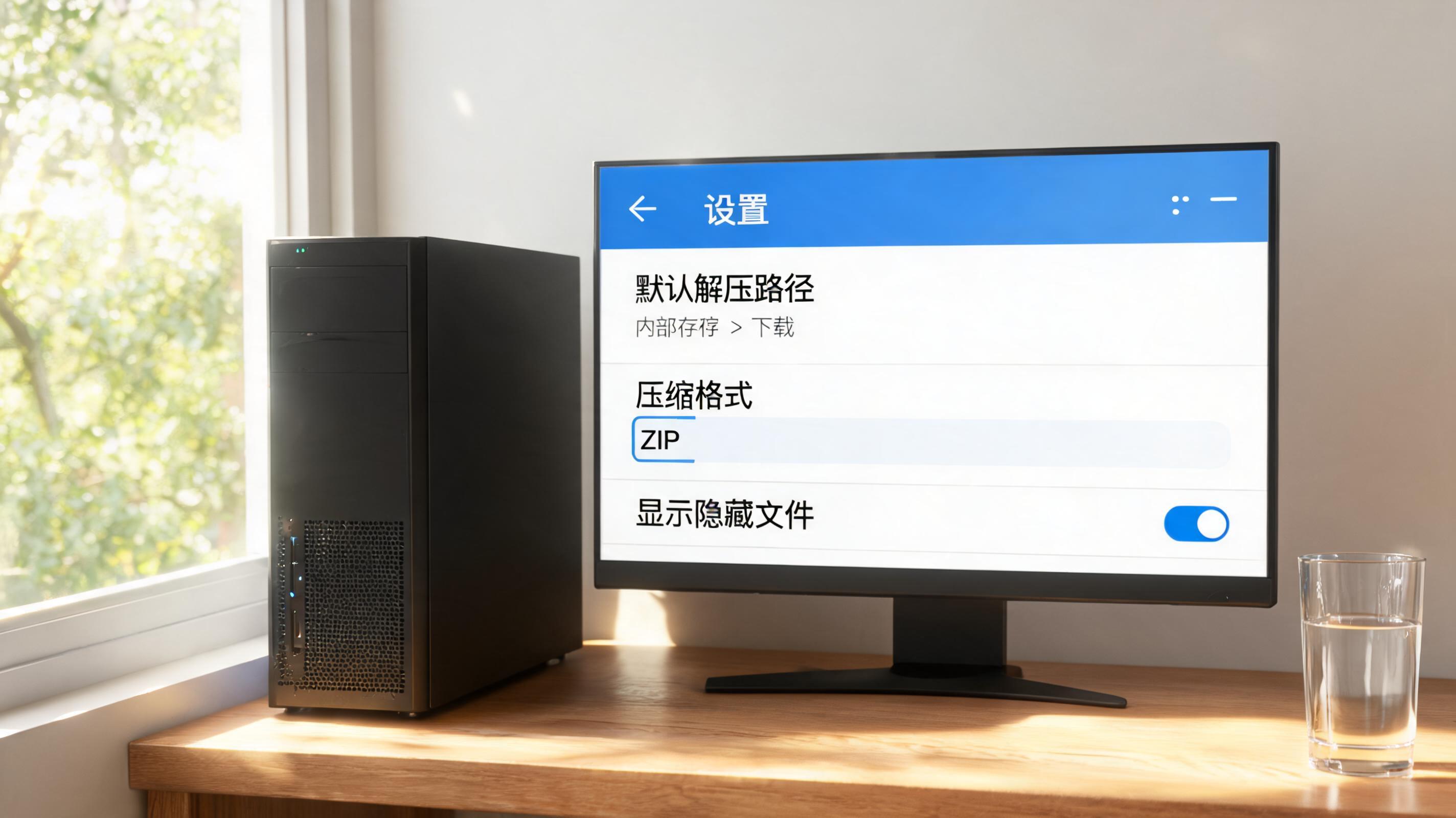 书桌上的主机，屏幕显示安卓手机 zip 解压缩工具设置界面，桌角放着水杯，自然光