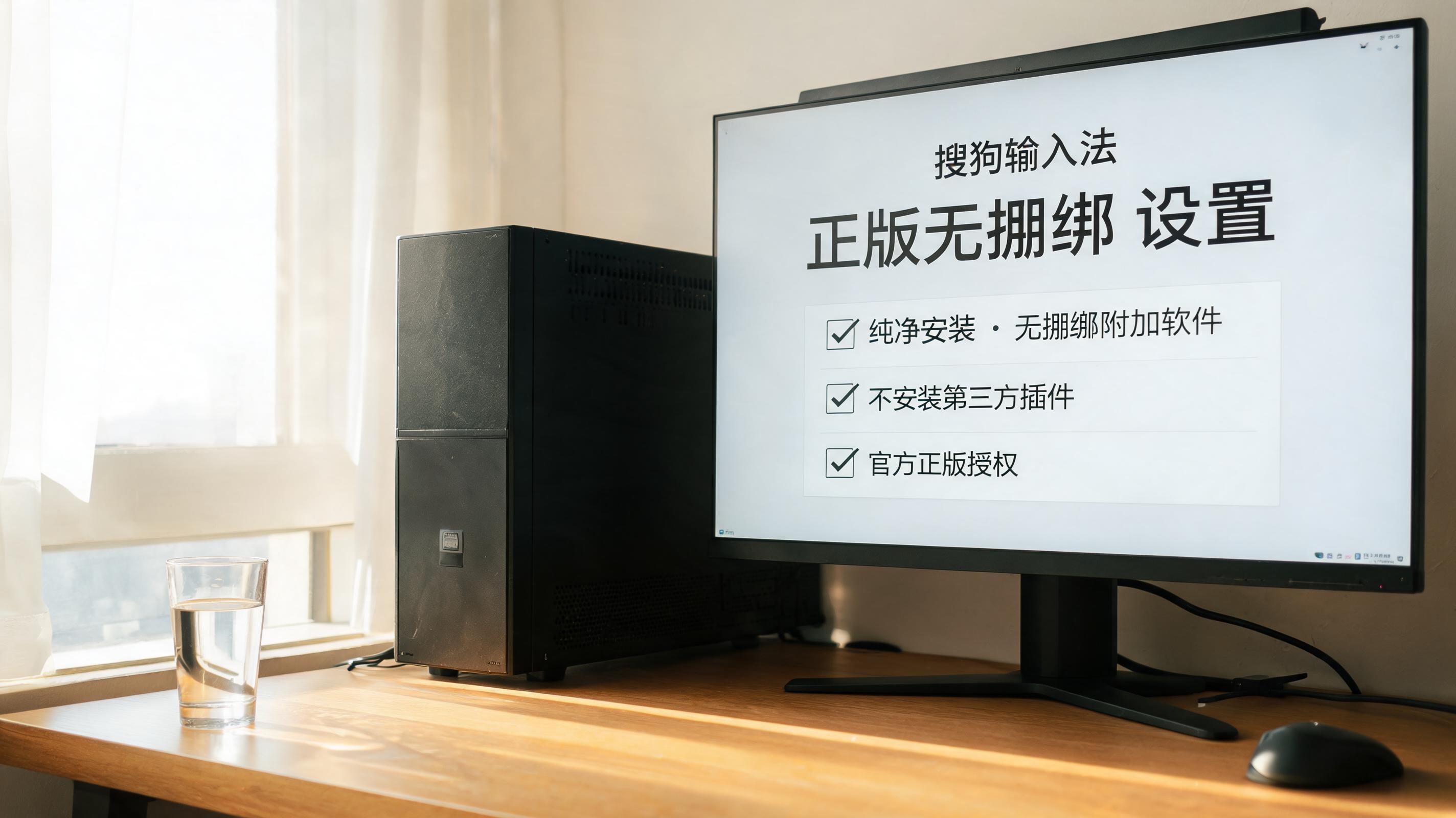 书桌上的主机，屏幕显示搜狗输入法正版无捆绑设置界面，桌角放着水杯，自然光
