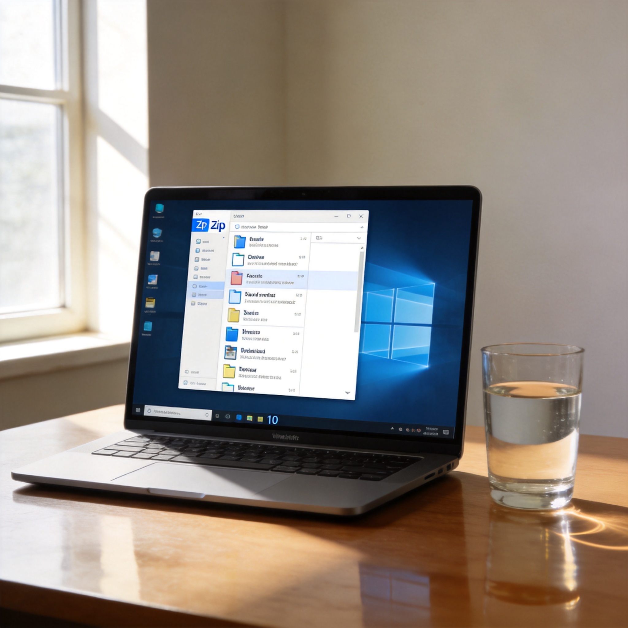 电脑桌的Windows10系统电脑，屏幕显示zip文件打开后的文件列表界面，旁边放着半杯温水，室内自然光