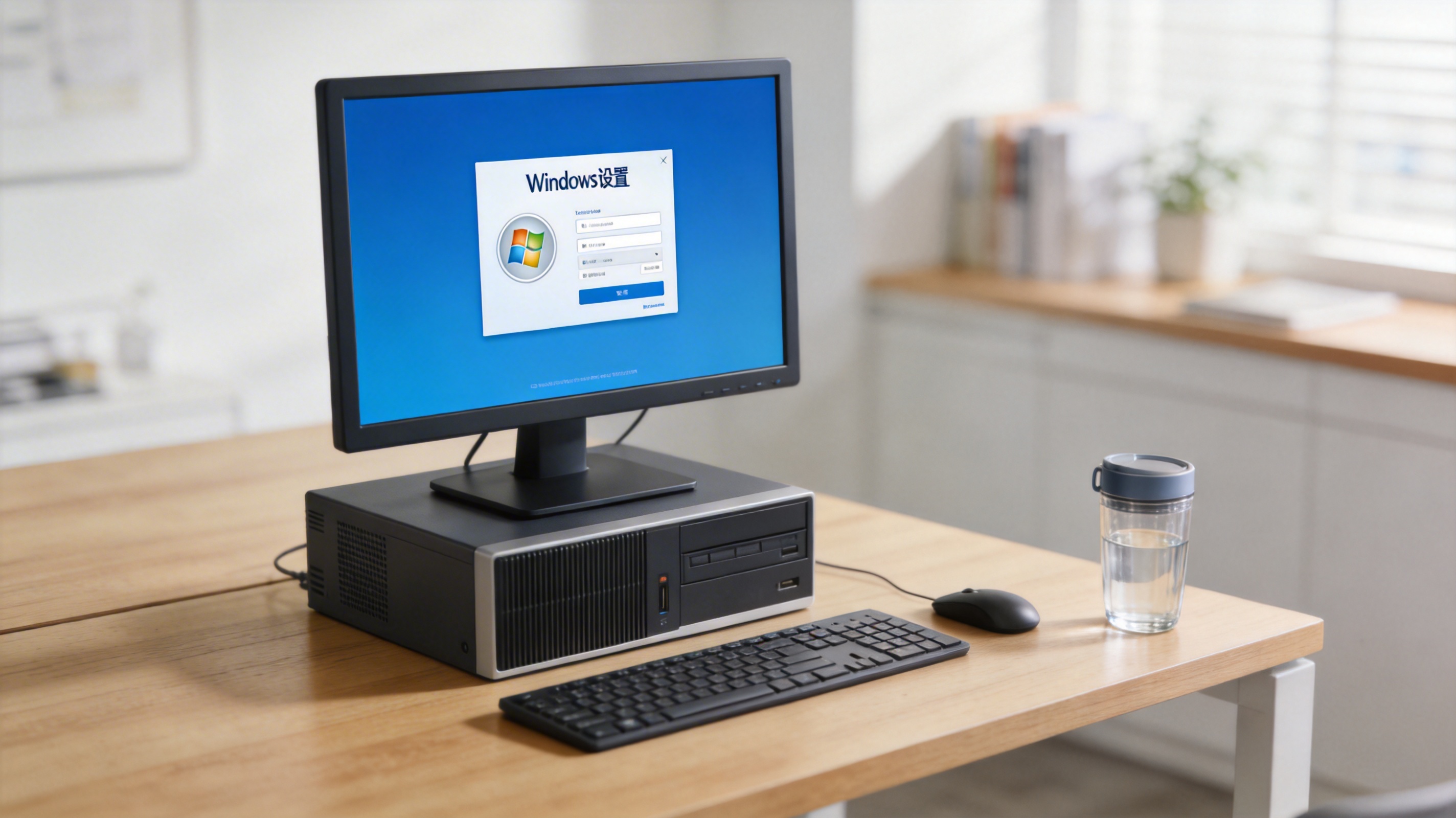 书桌上的主机，屏幕显示Windows设置界面，桌角放着水杯，自然光