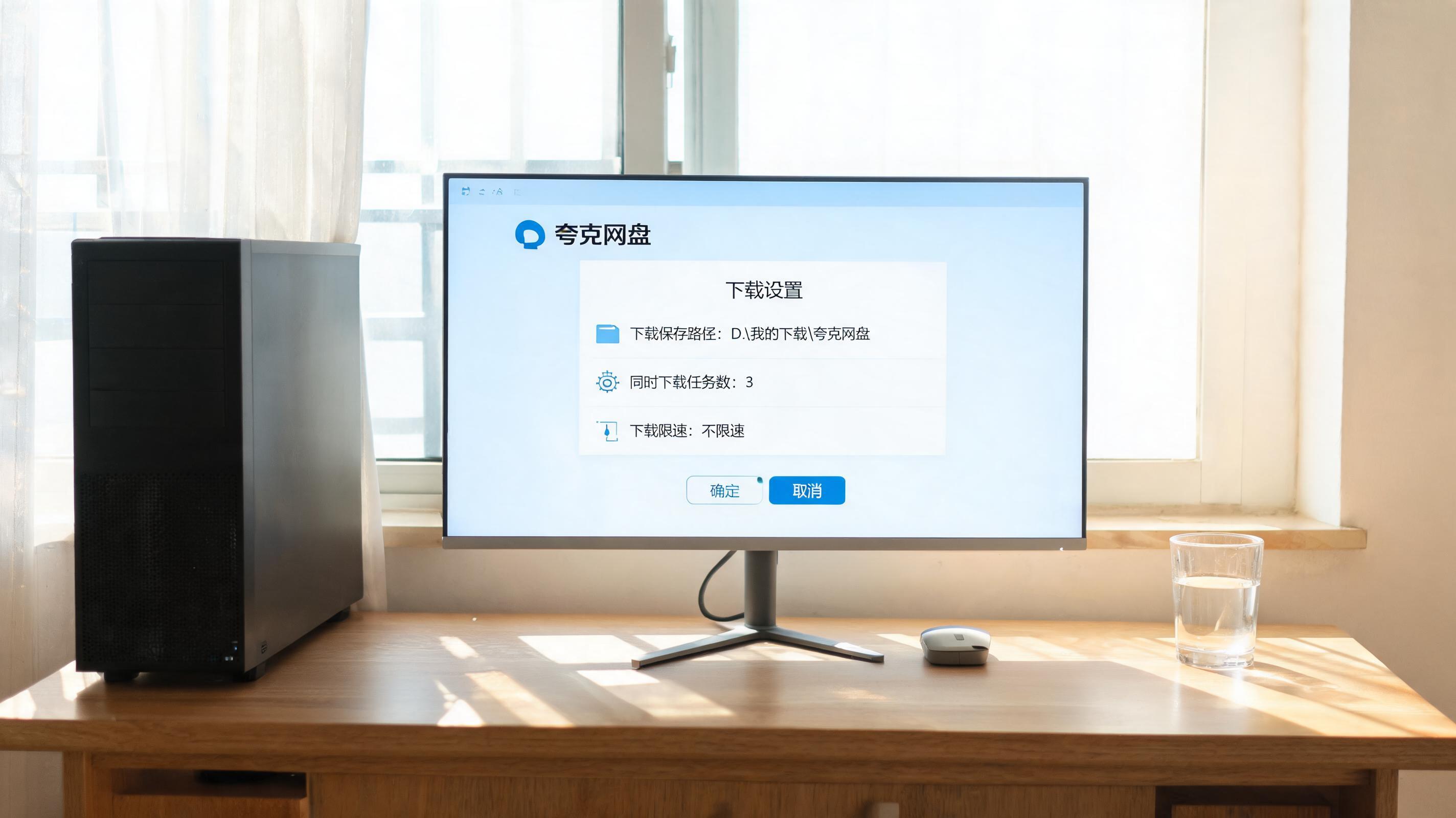 书桌上的主机，屏幕显示夸克网盘 PC 客户端下载设置界面，桌角放着水杯，自然光