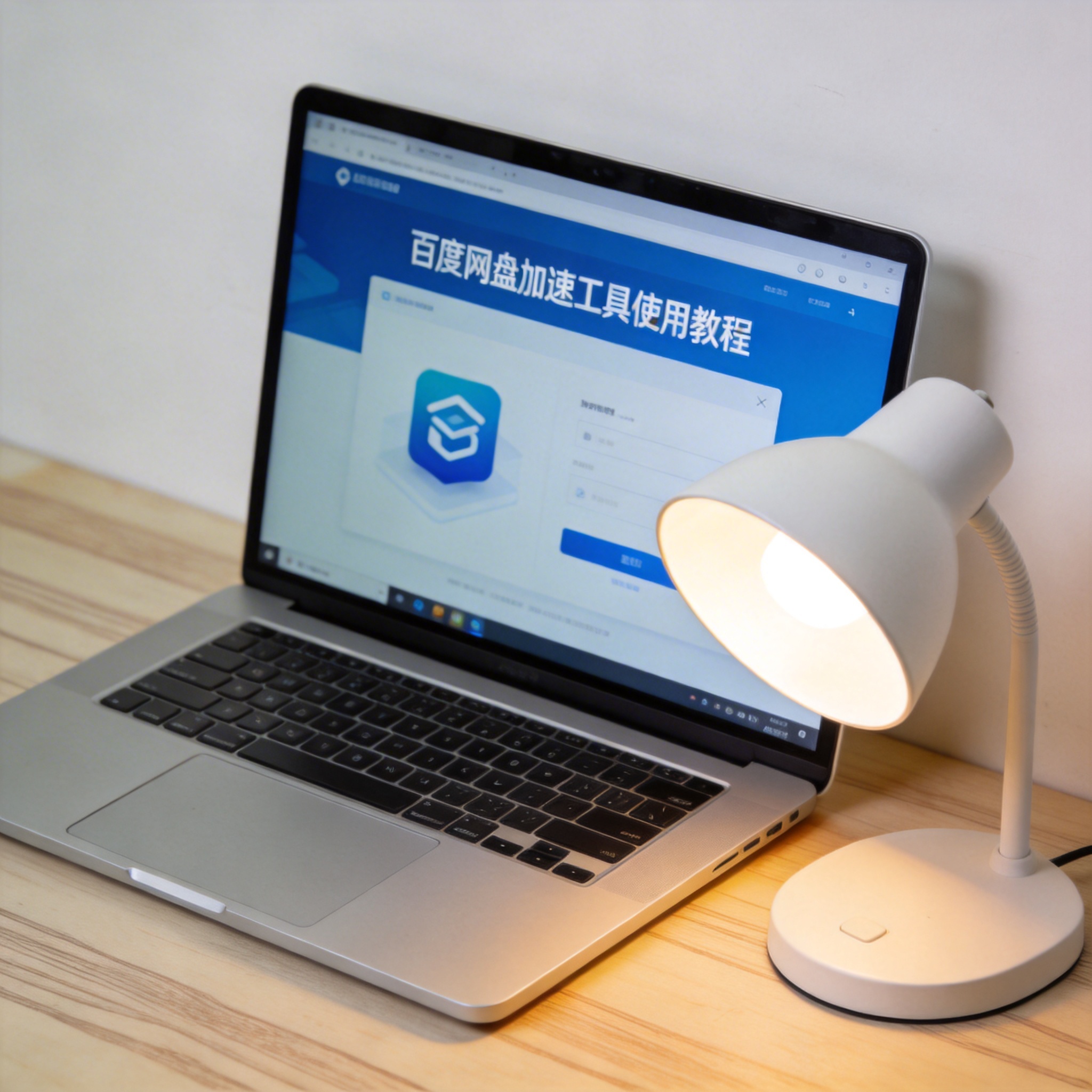电脑桌上的电脑，屏幕显示百度网盘加速工具使用教程界面，旁边放着台灯