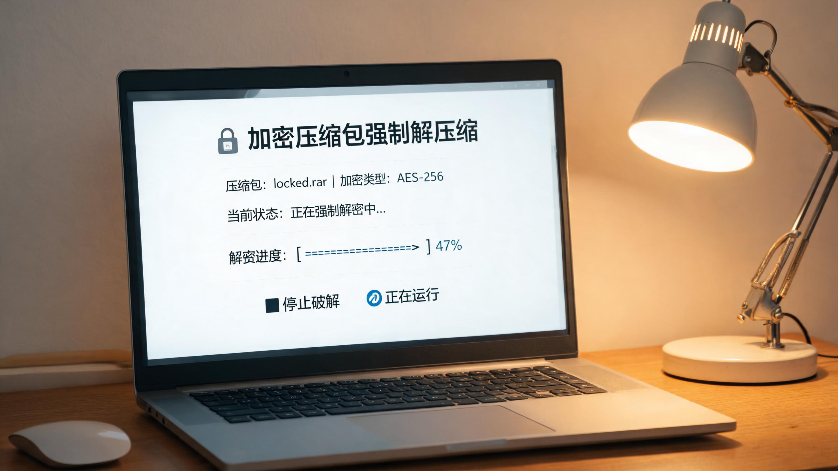 电脑桌上的笔记本，屏幕显示加密压缩包强制解压缩界面，旁边放着台灯