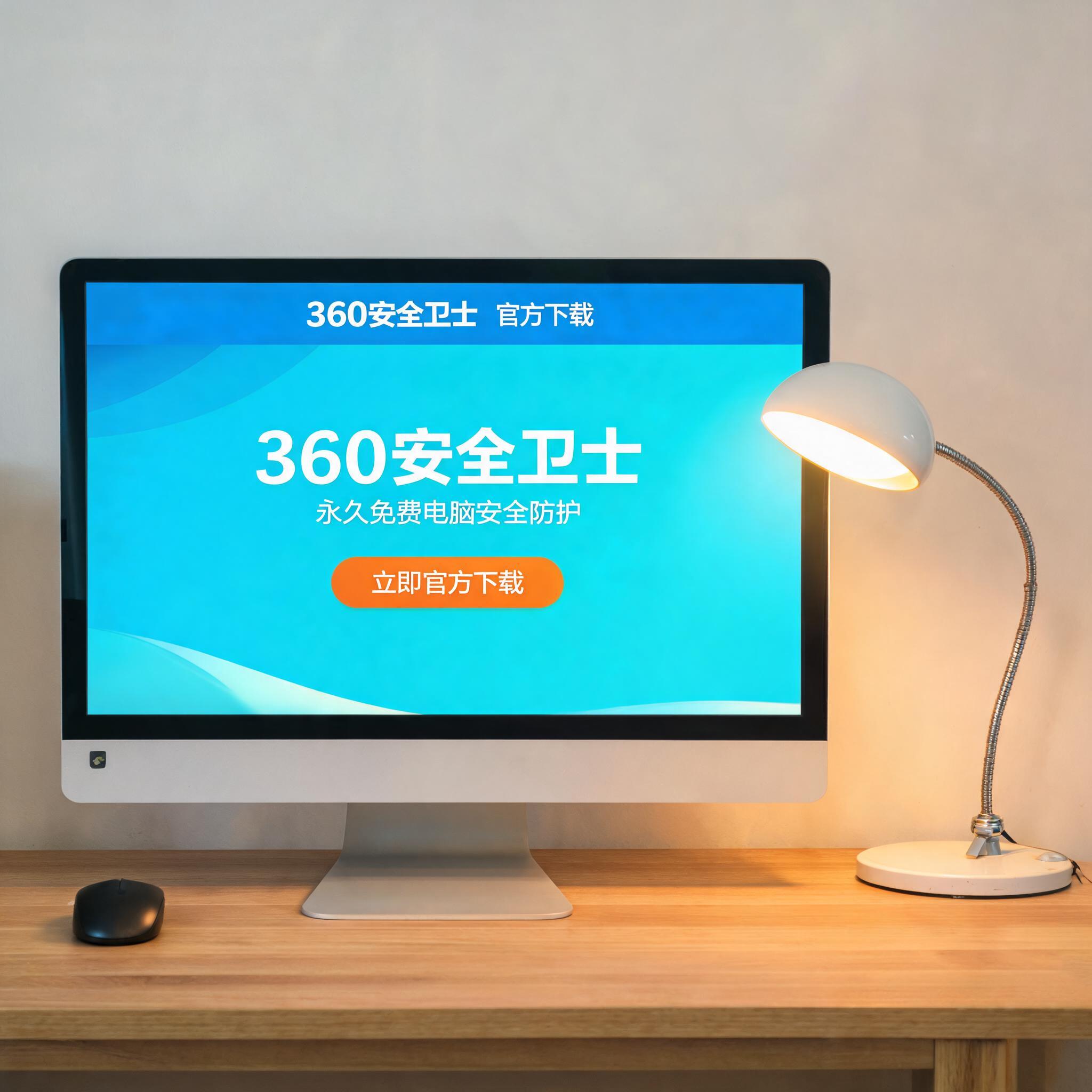 电脑桌上的电脑，屏幕显示360 官方安全卫士下载界面，旁边放着台灯