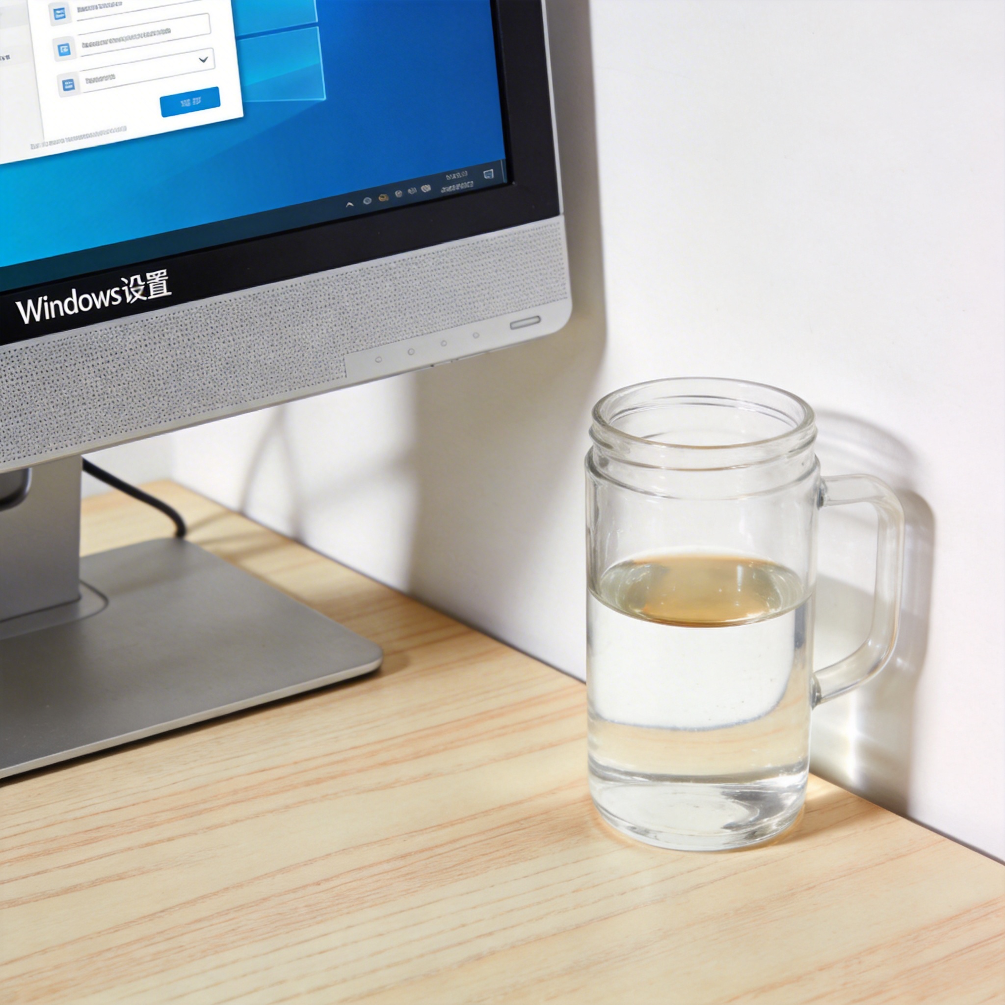 书桌上的主机，屏幕显示Windows设置界面，桌角放着水杯，自然光