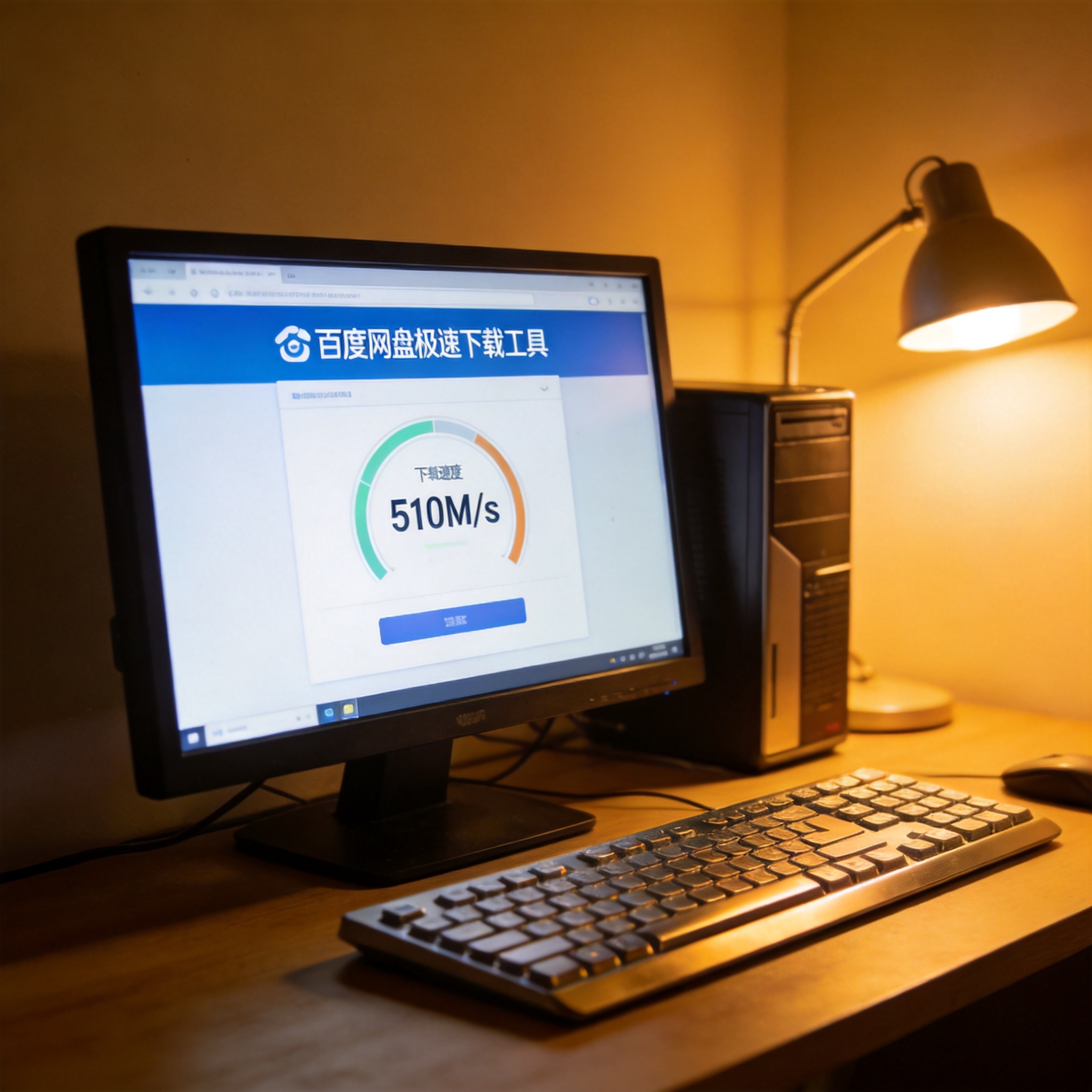 桌面的电脑屏幕显示百度网盘极速下载工具界面，下载速度显示为每秒510M，旁边摆着台式机键盘，台灯暖光