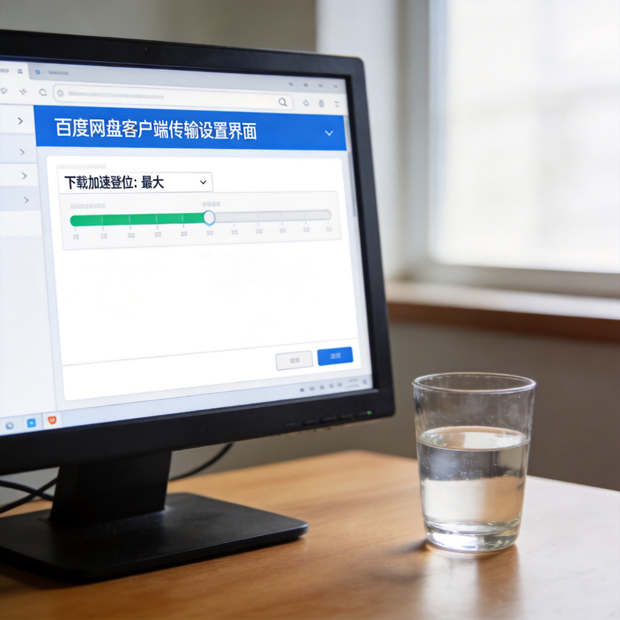 电脑桌的电脑屏幕显示百度网盘客户端传输设置界面，下载加速档位拉到最大，旁边放着半杯凉白开，室内自然光